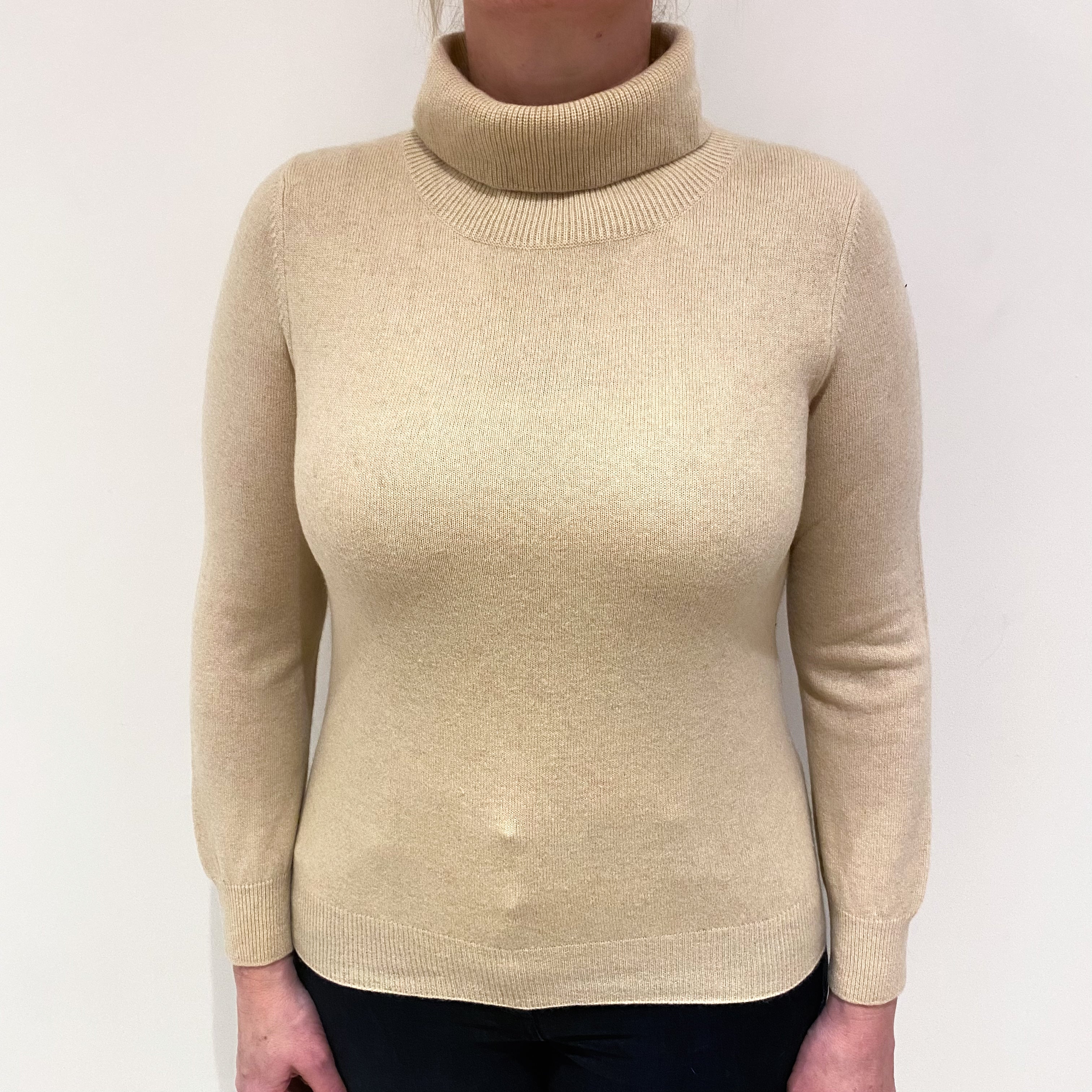 Sand Beige Cashmere Polo Neck Jumper Large