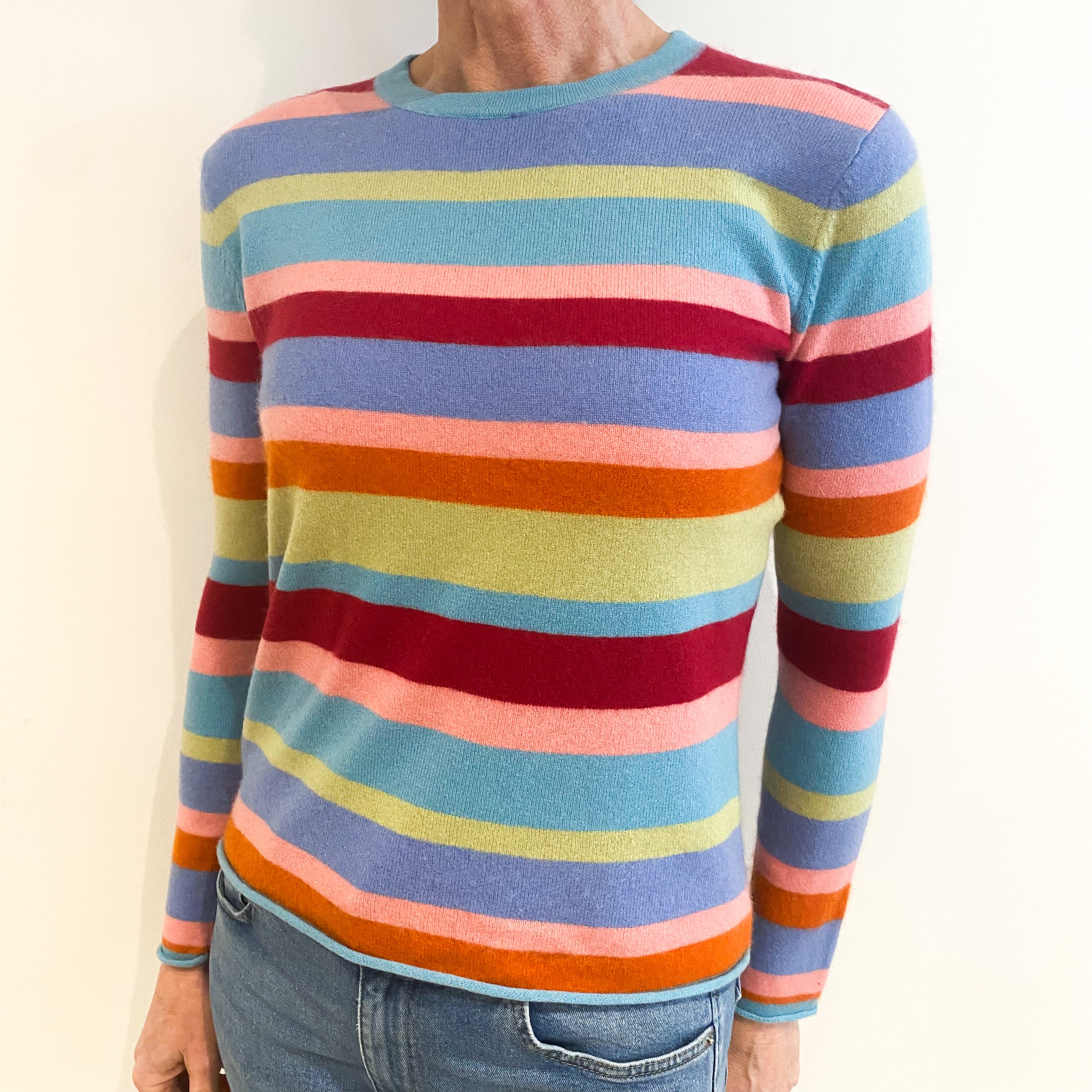 Opal Blue Rainbow Striped Cashmere Crew Neck Jumper Small
