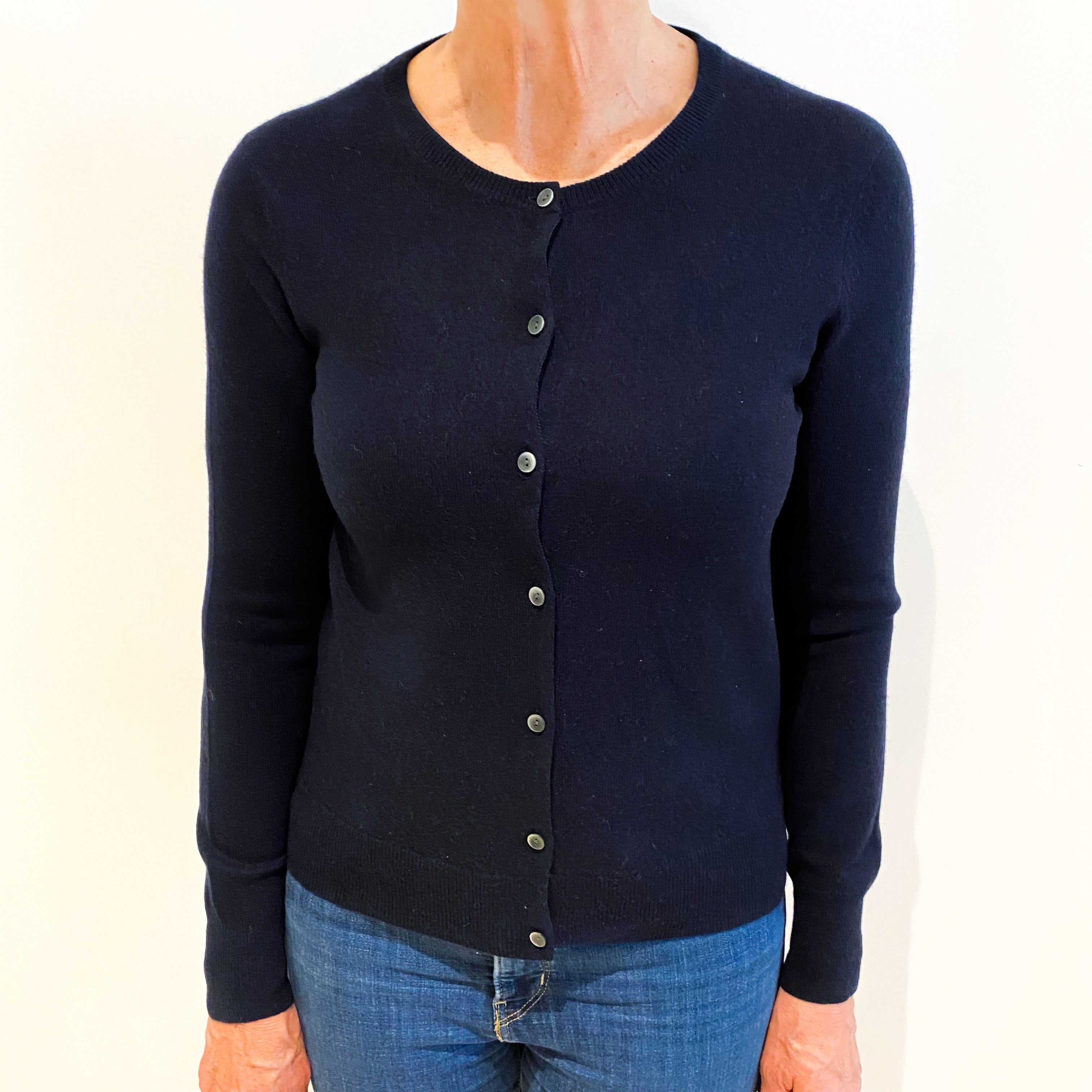 Navy Blue Cashmere Crew Neck Cardigan Medium