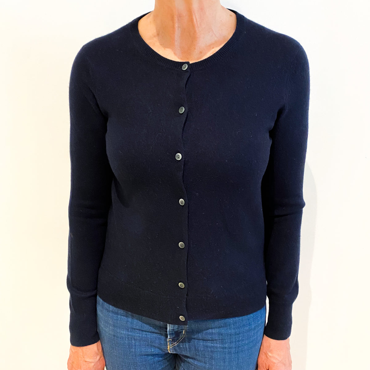 Navy Blue Cashmere Crew Neck Cardigan Medium