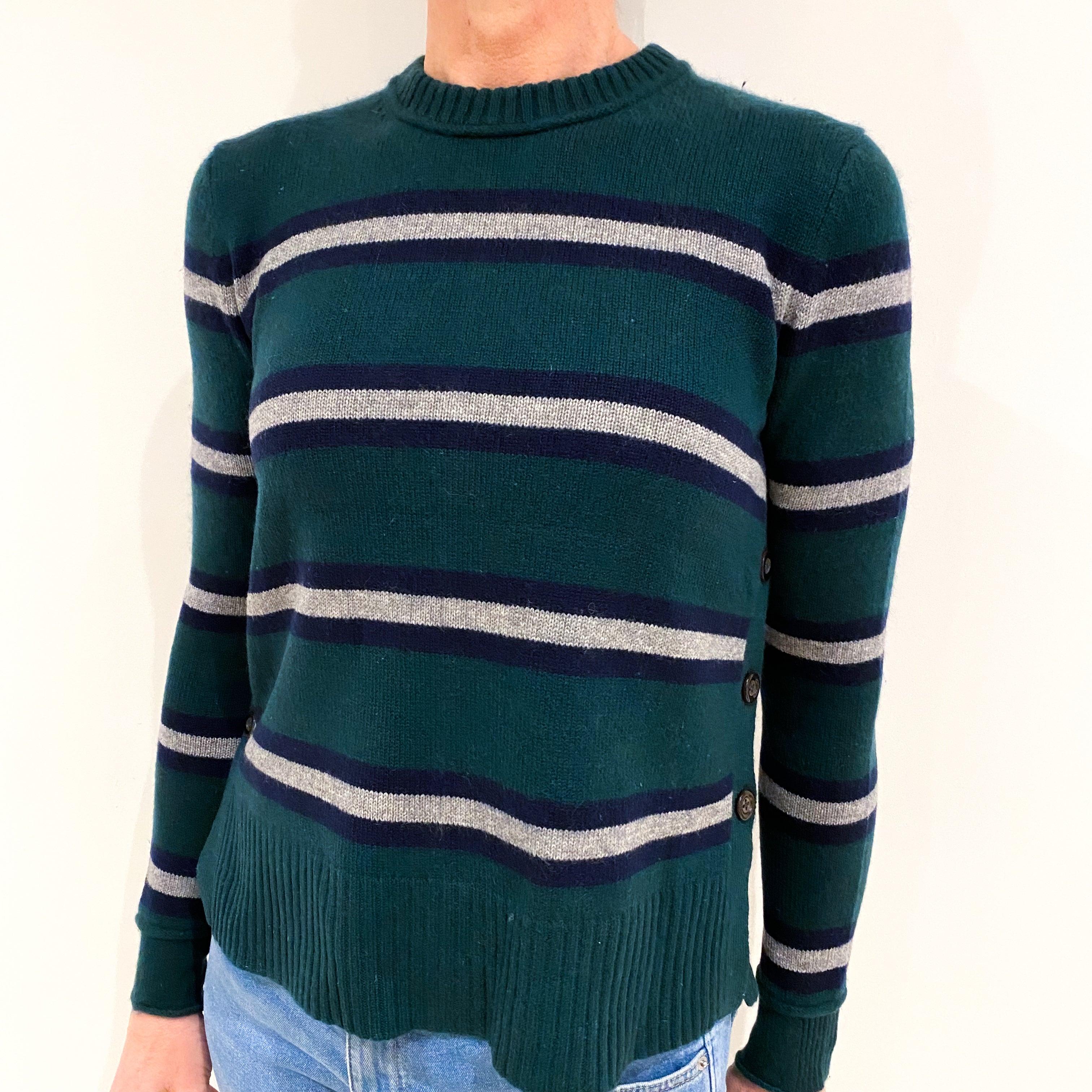 Racing Green With Navy And Grey Stripes Cashmere Crew Neck Jumper Small