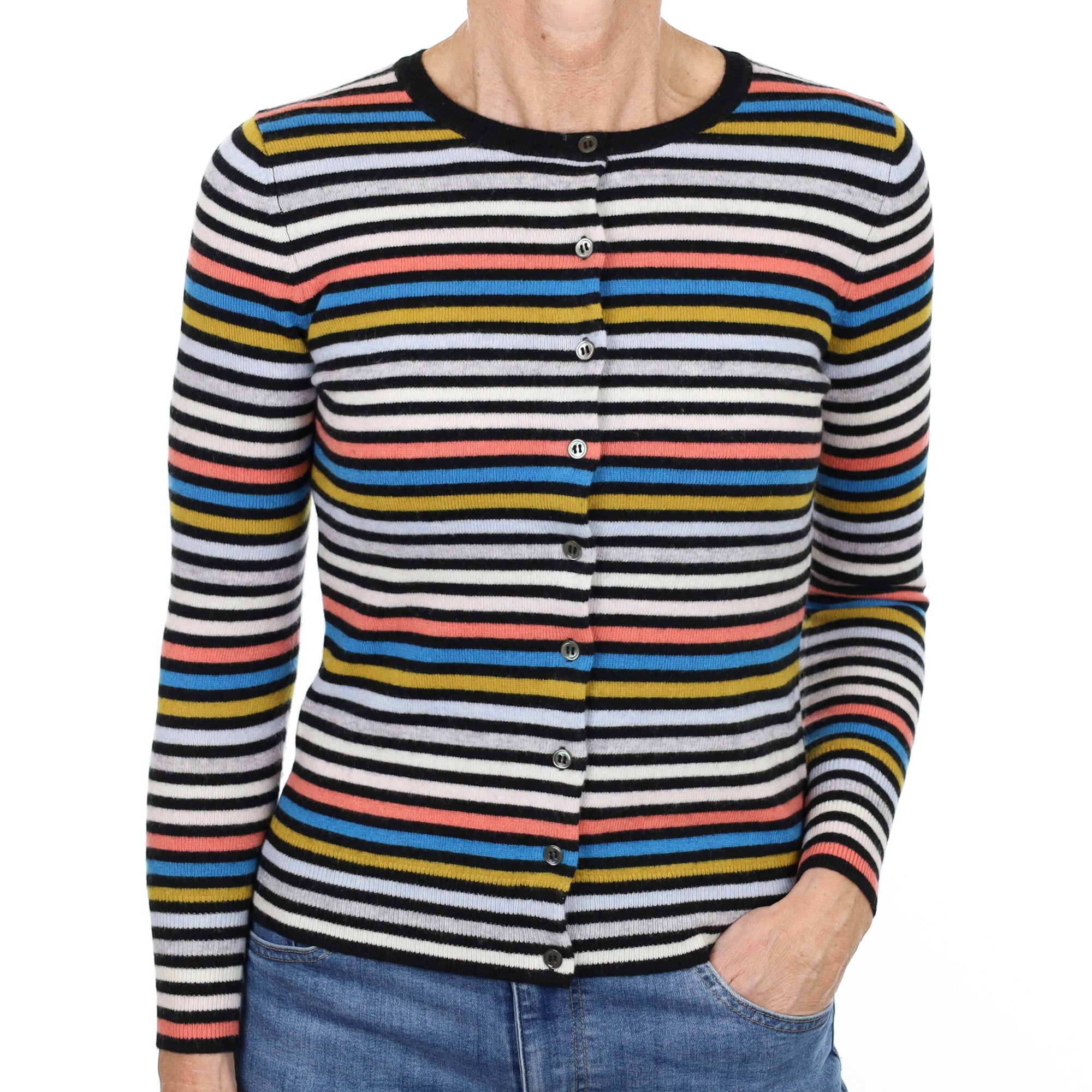 New Black Multicoloured Striped Cashmere Crew Neck Cardigan Small