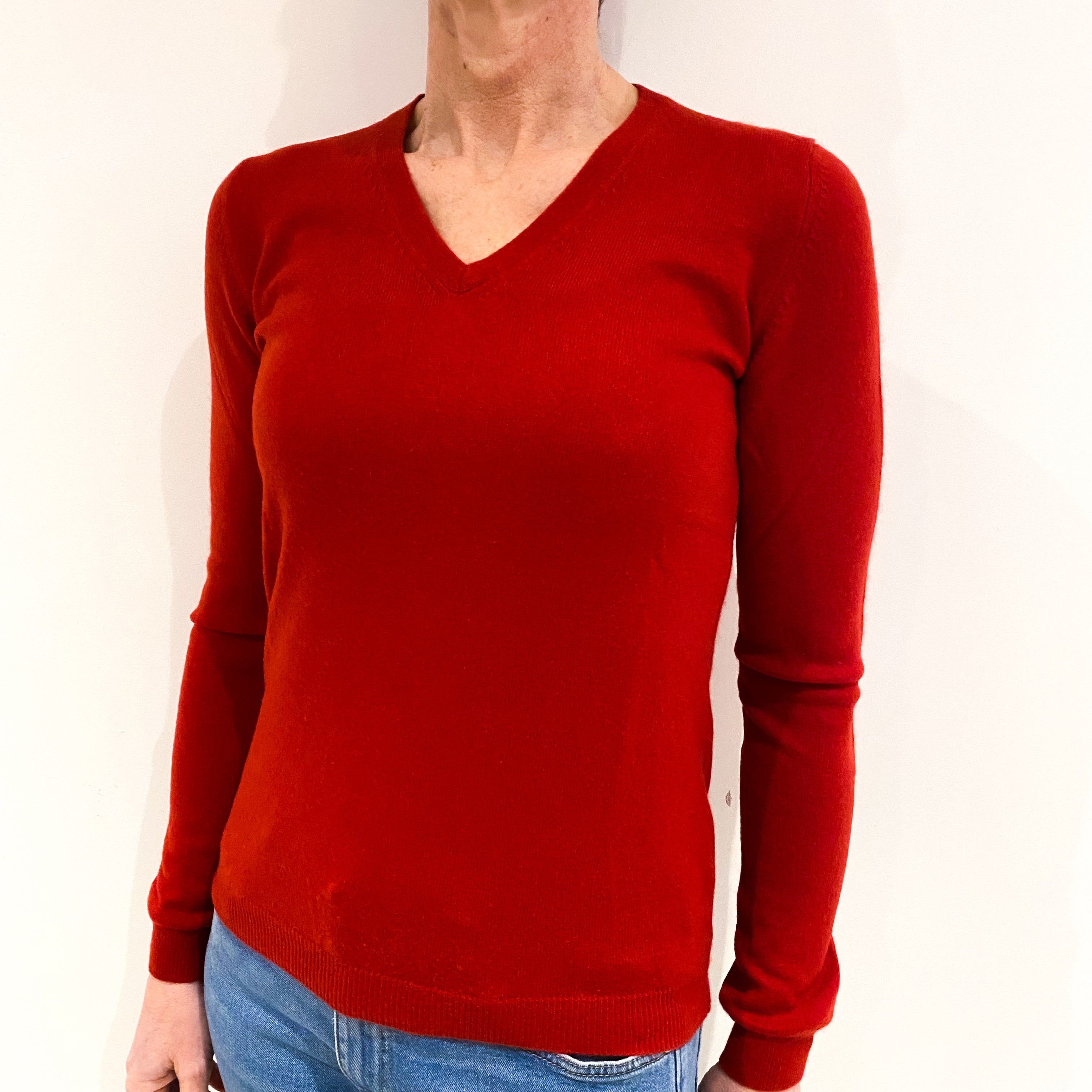 Scarlet Red Cashmere V Neck Jumper Small