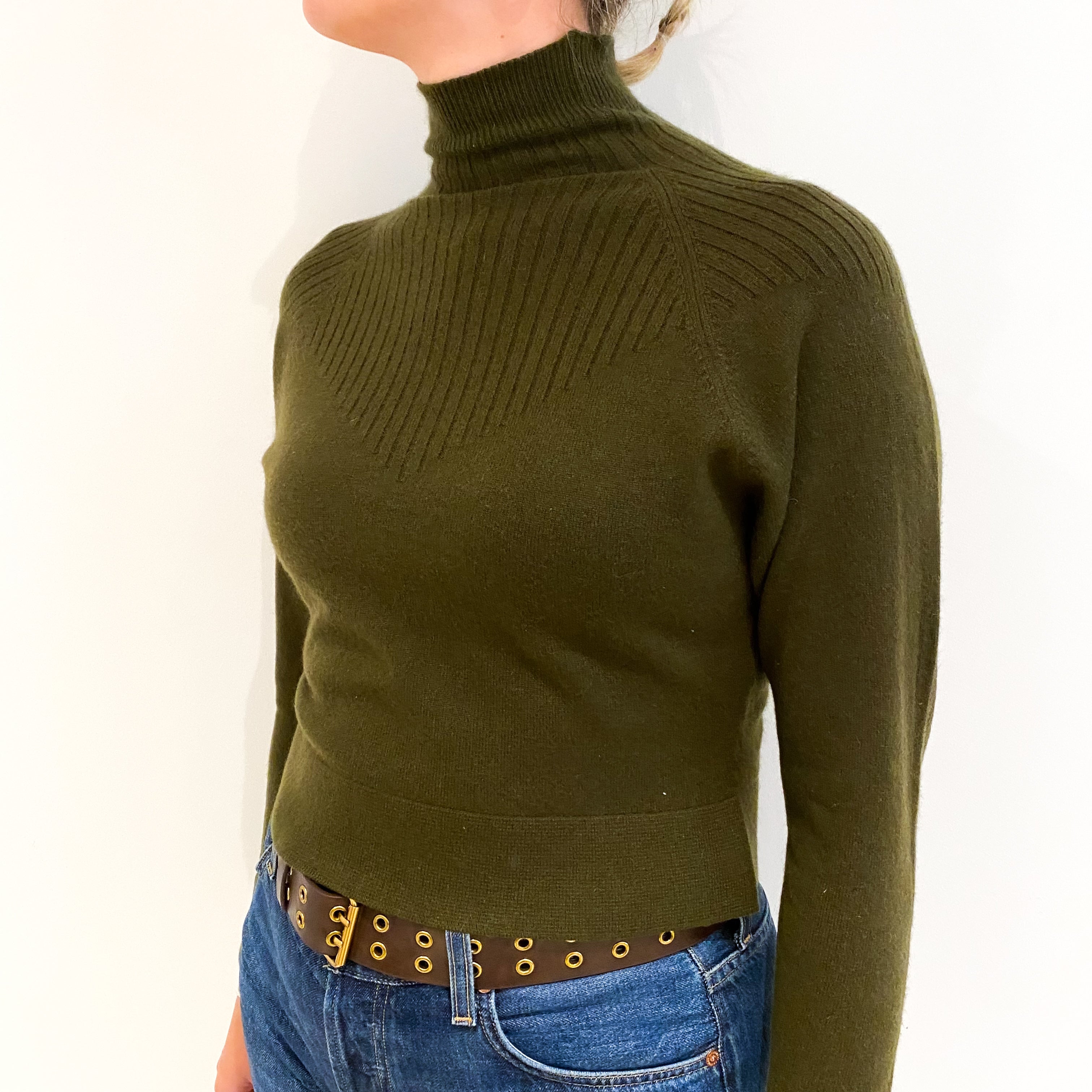 Dark Olive Green Cashmere Cropped Turtle Neck Jumper Small