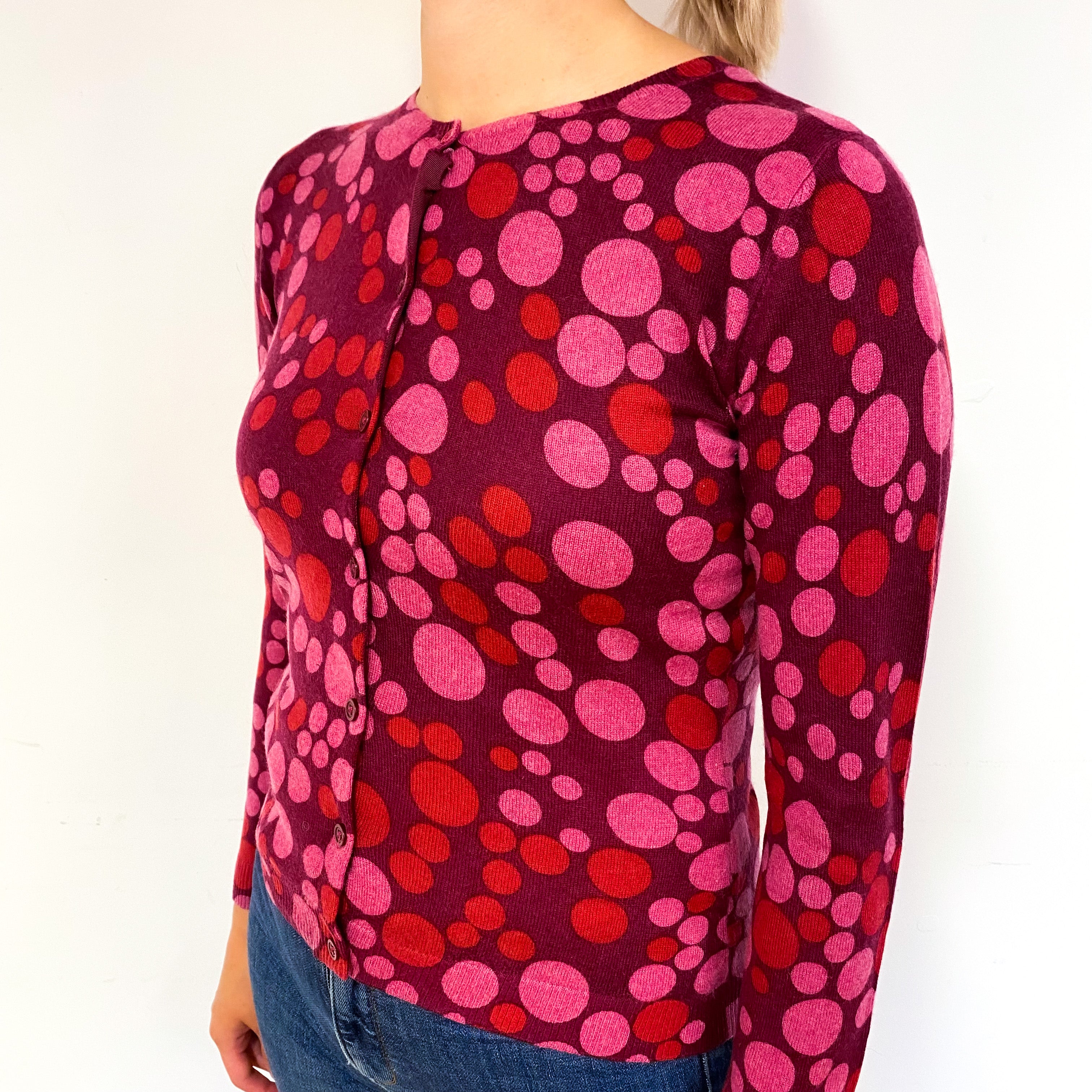 Mulberry Purple Pink Bubble Cashmere Crew Neck Cardigan Small