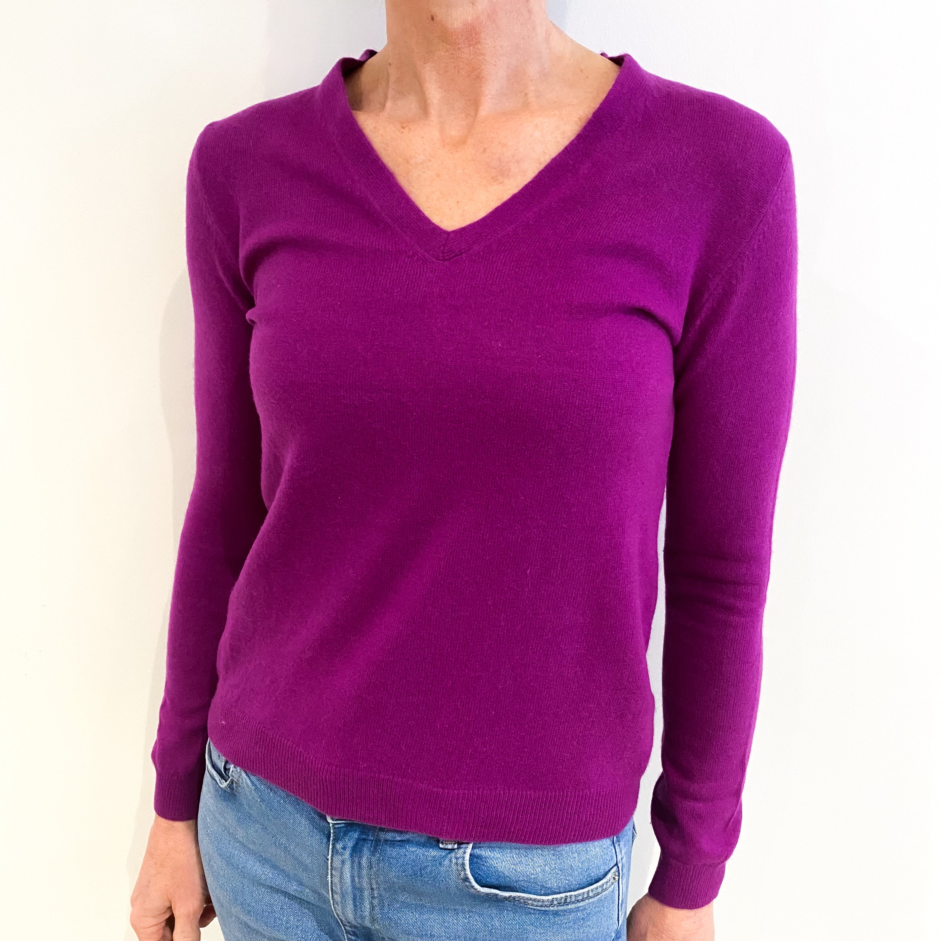 Magenta Purple Cashmere V Neck Jumper Small