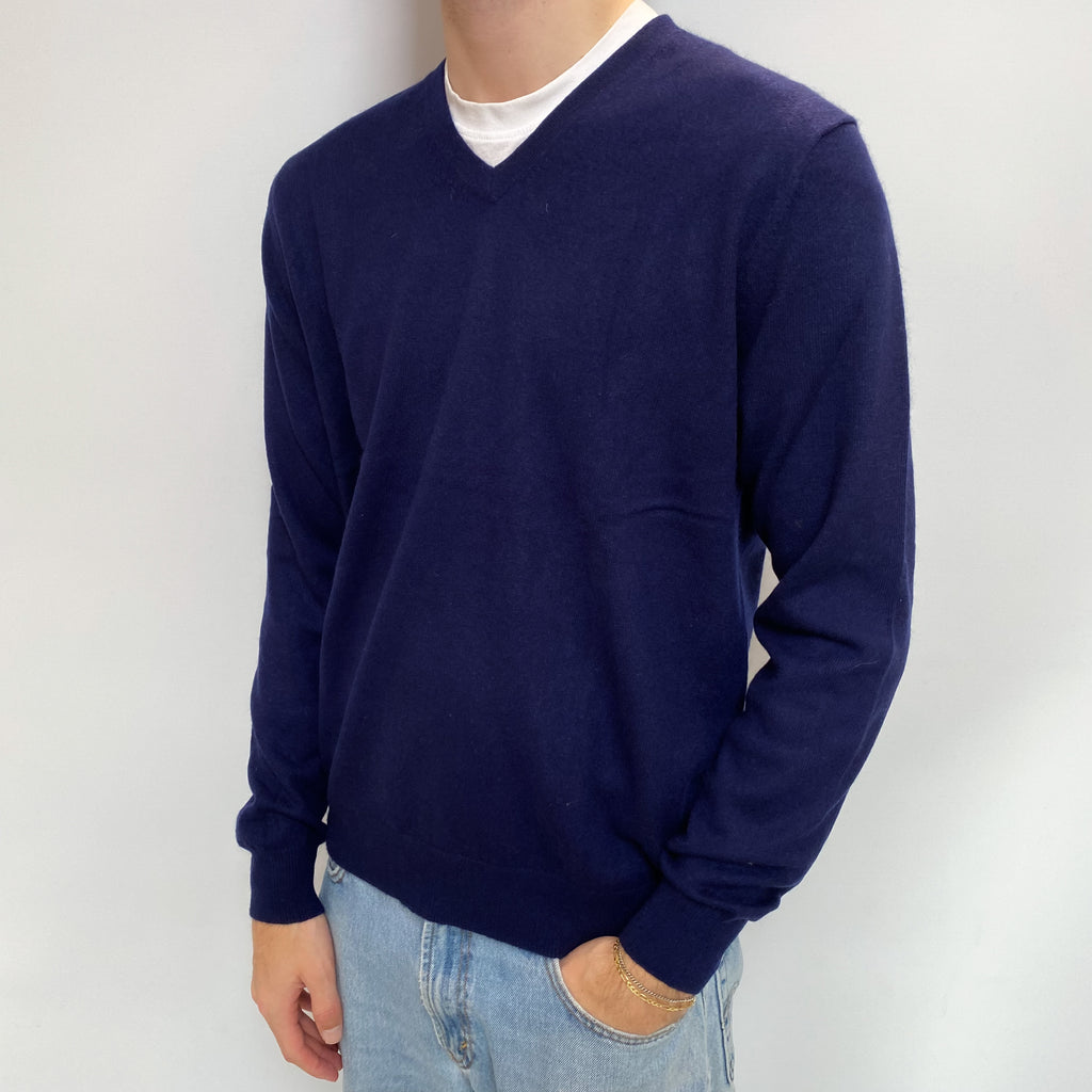 Men's French Navy Cashmere V Neck Jumper Large