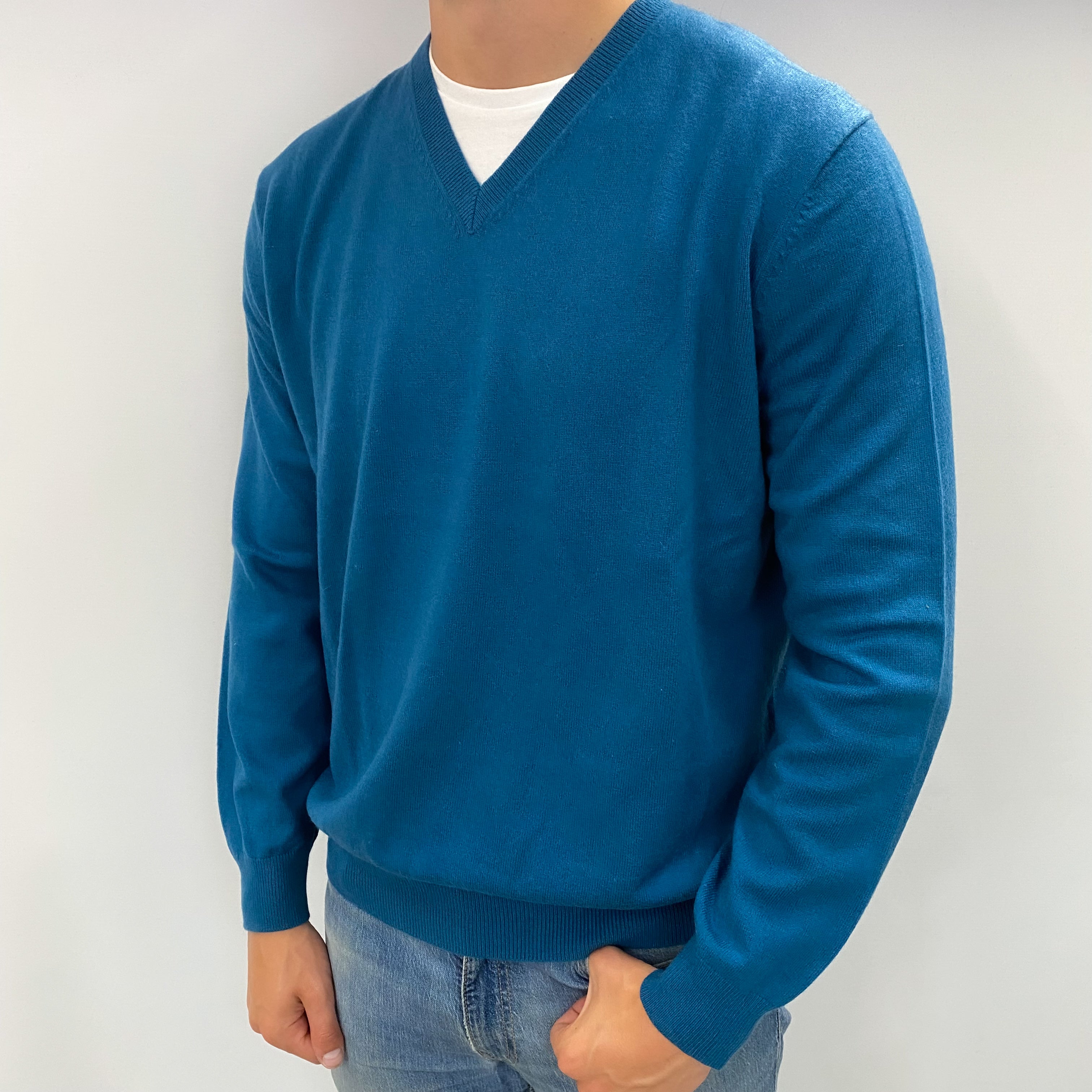 Men's Teal Blue Cashmere V Neck Jumper XL