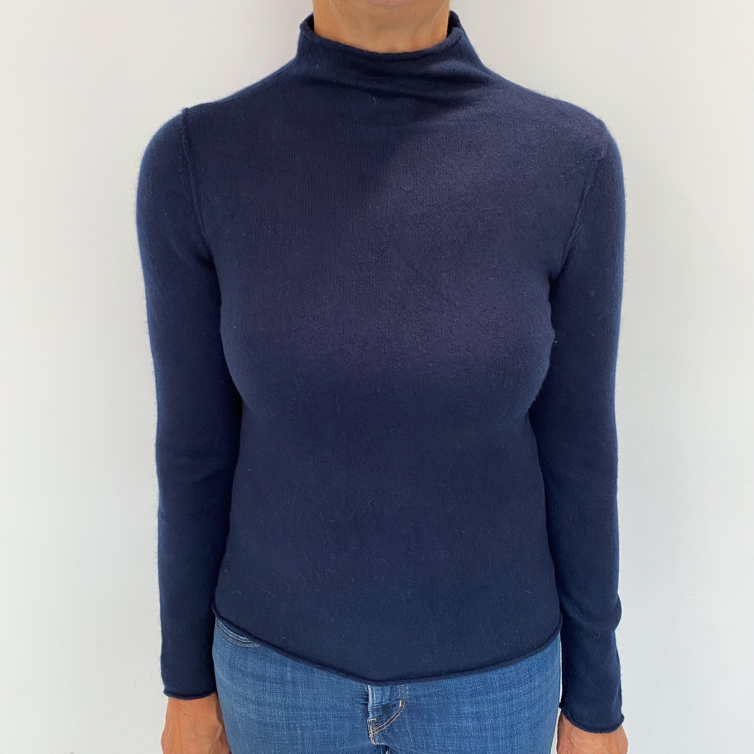 Navy Cashmere Funnel Neck Jumper Medium
