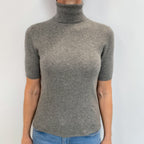 Ash Grey Cashmere Short Sleeved Polo Neck Jumper Small