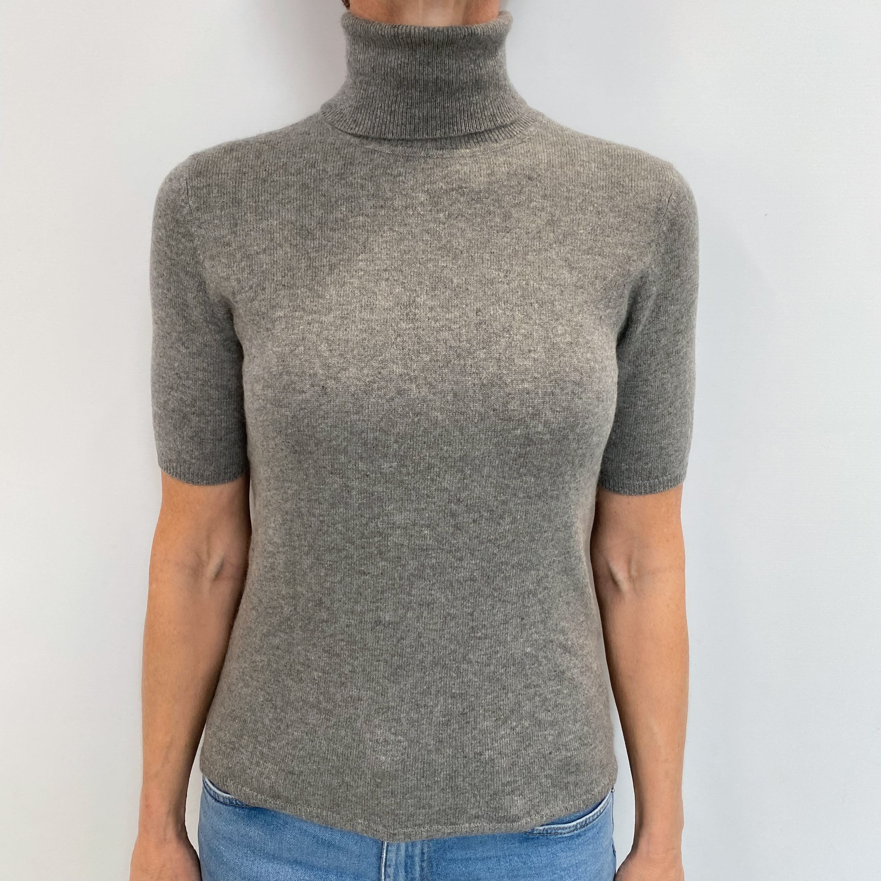 Ash Grey Cashmere Short Sleeved Polo Neck Jumper Small