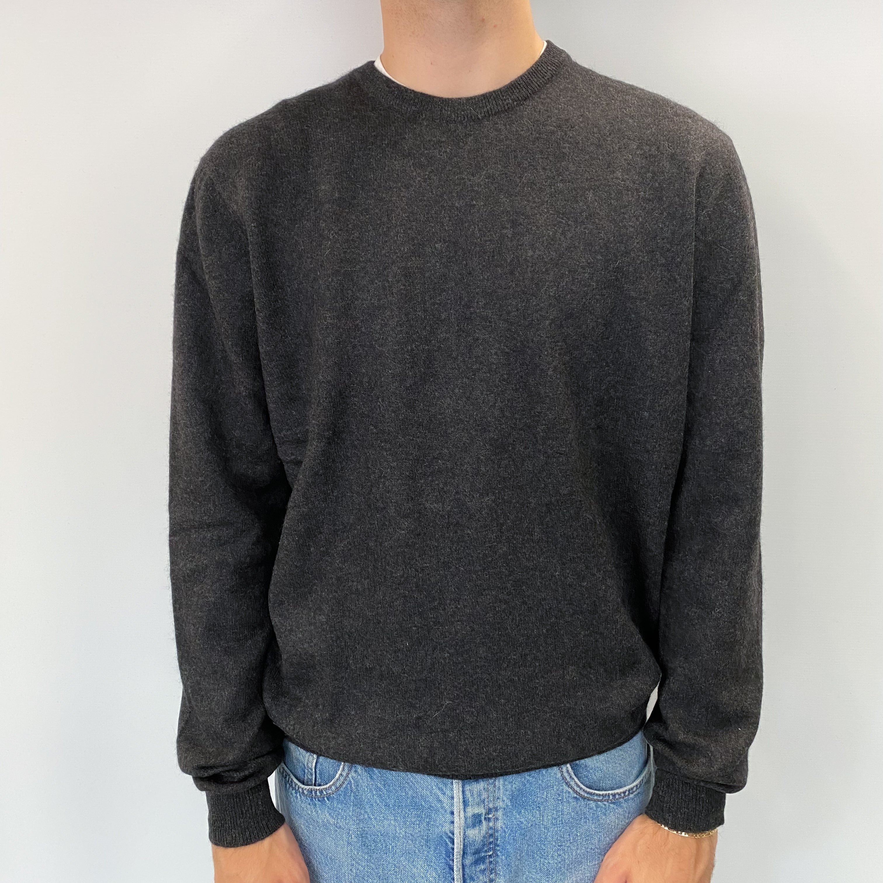 Men's Charcoal Grey Cashmere Crew Neck Jumper Large