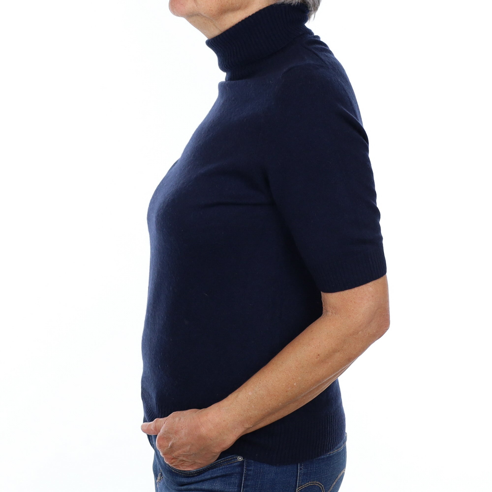 Navy Blue Cashmere Polo Neck Short Sleeved Jumper Medium