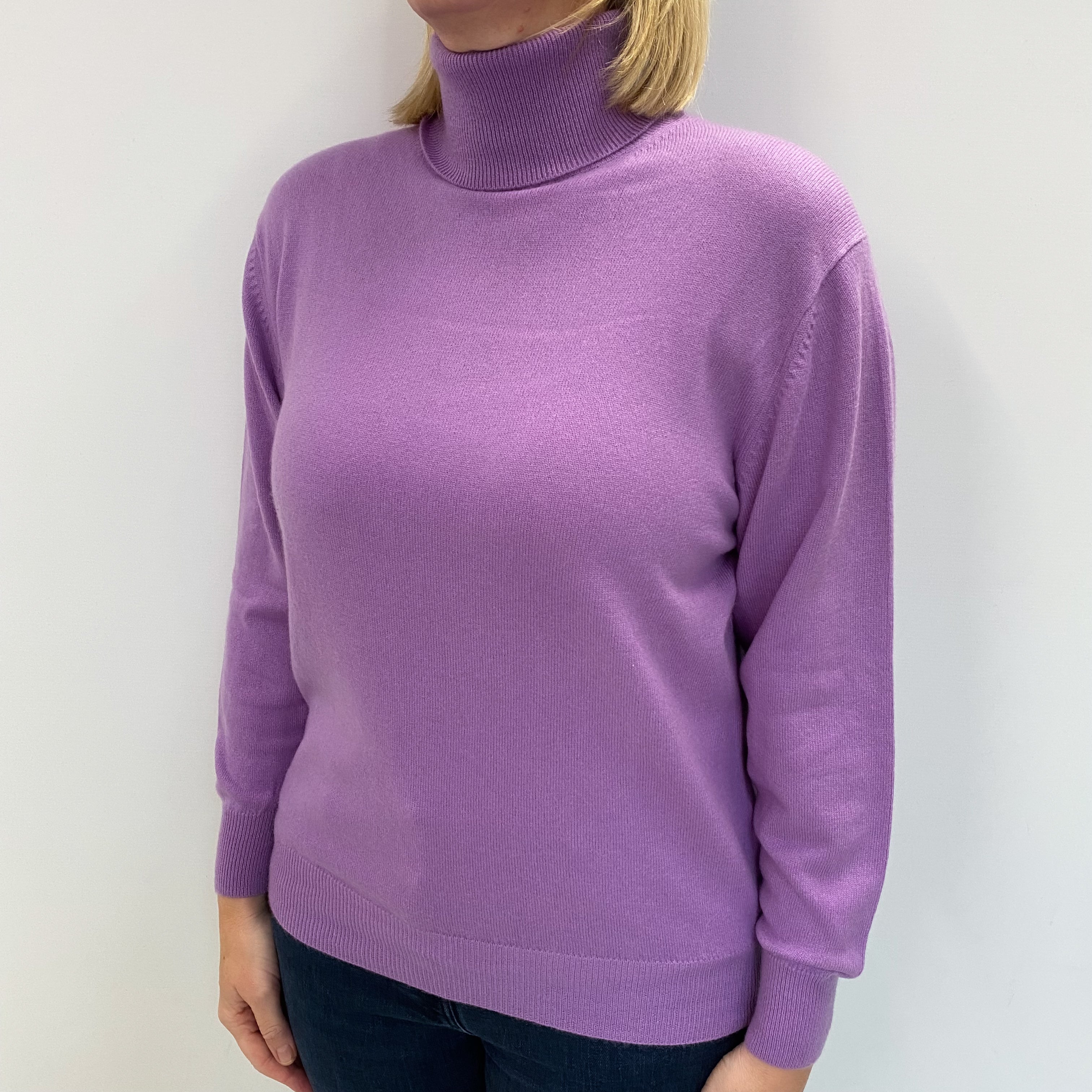 Lavender Purple Cashmere Polo Neck Jumper Large