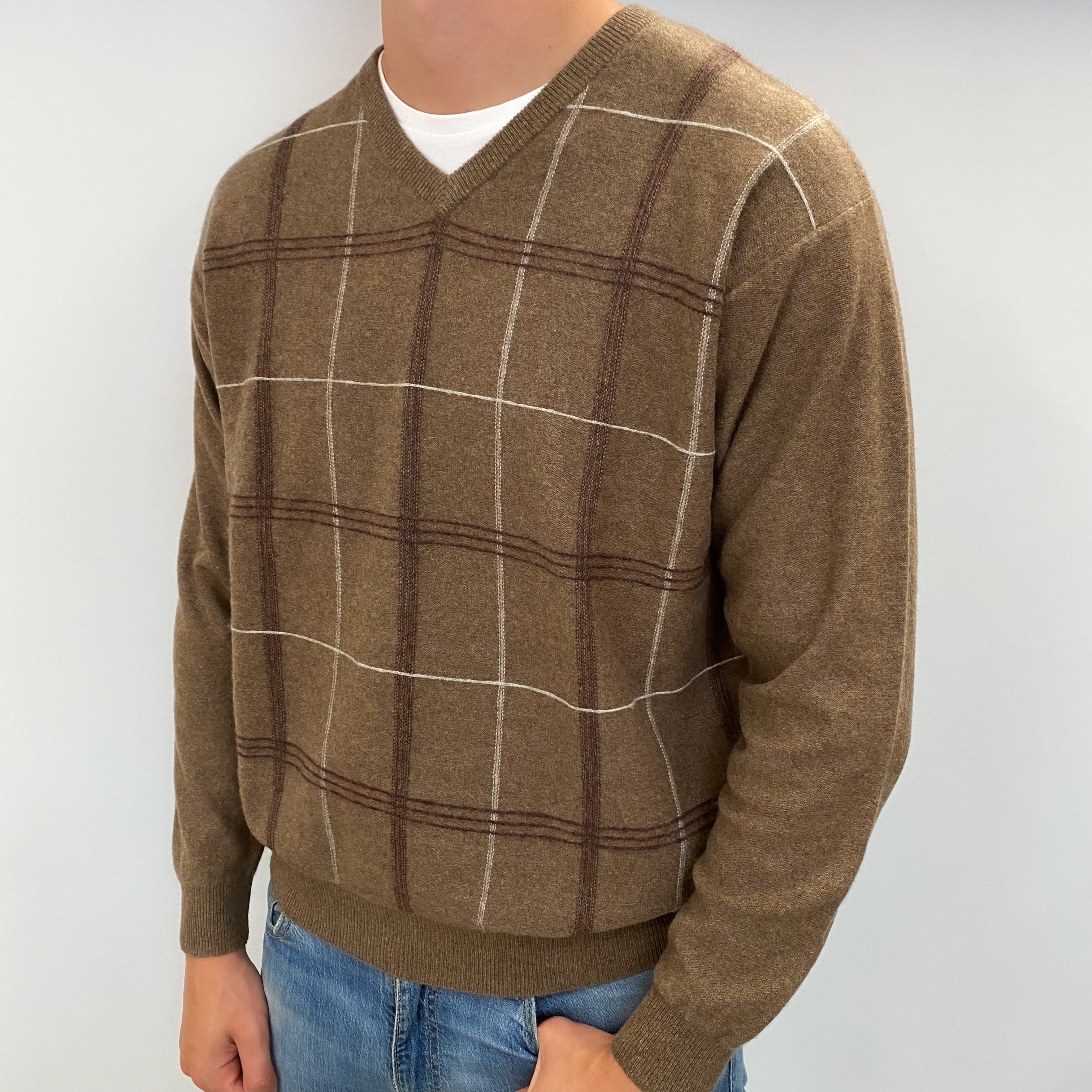 Men's Khaki Green Patterned Cashmere V Neck Jumper XXL