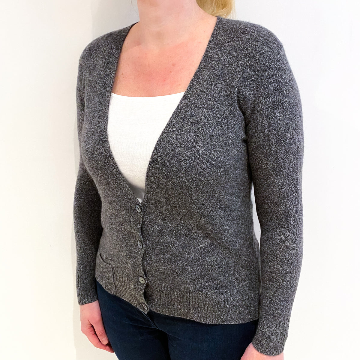 Grey Marl Cashmere V Neck Cardigan Large