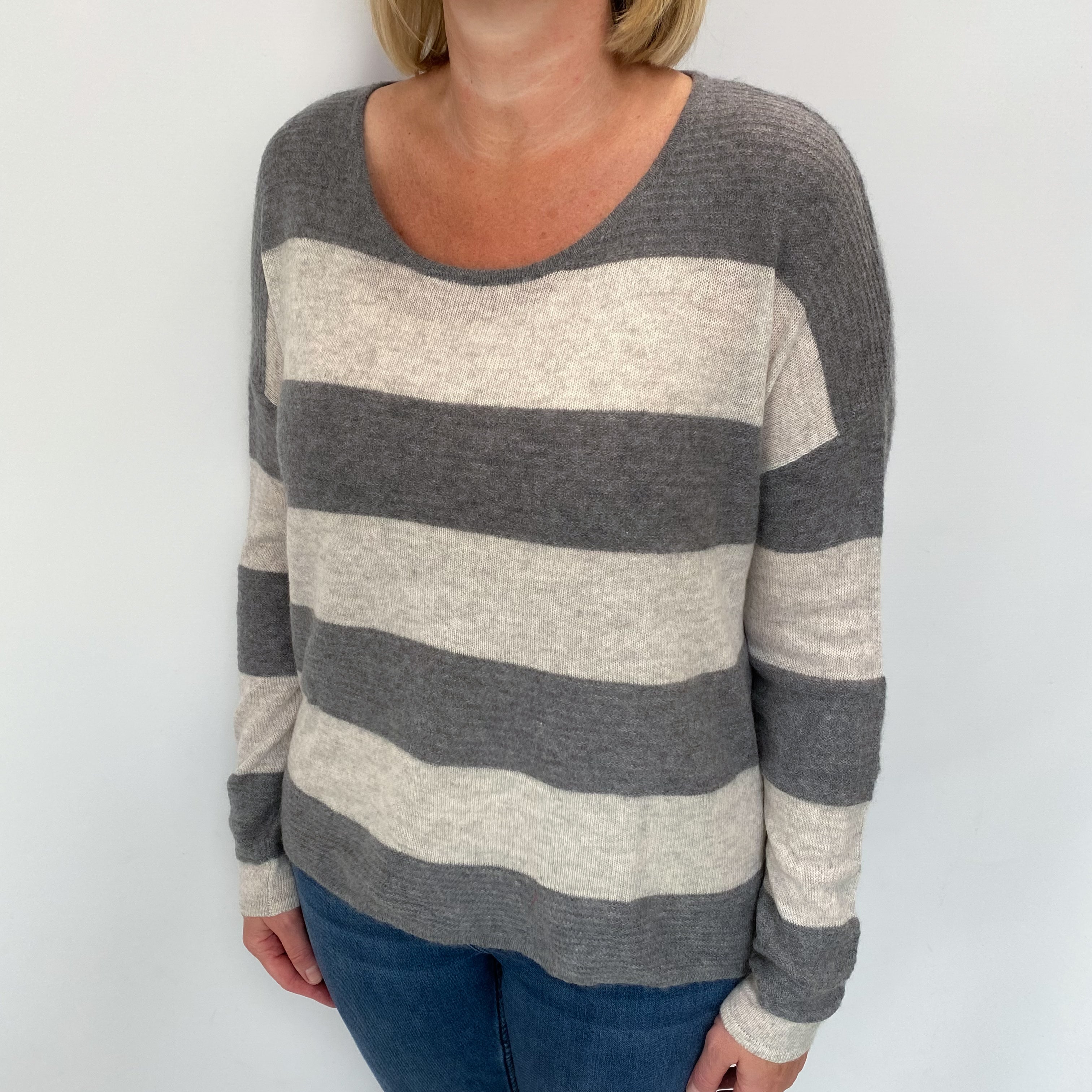 Grey Stripe Cashmere Wide Crew Neck Jumper Large