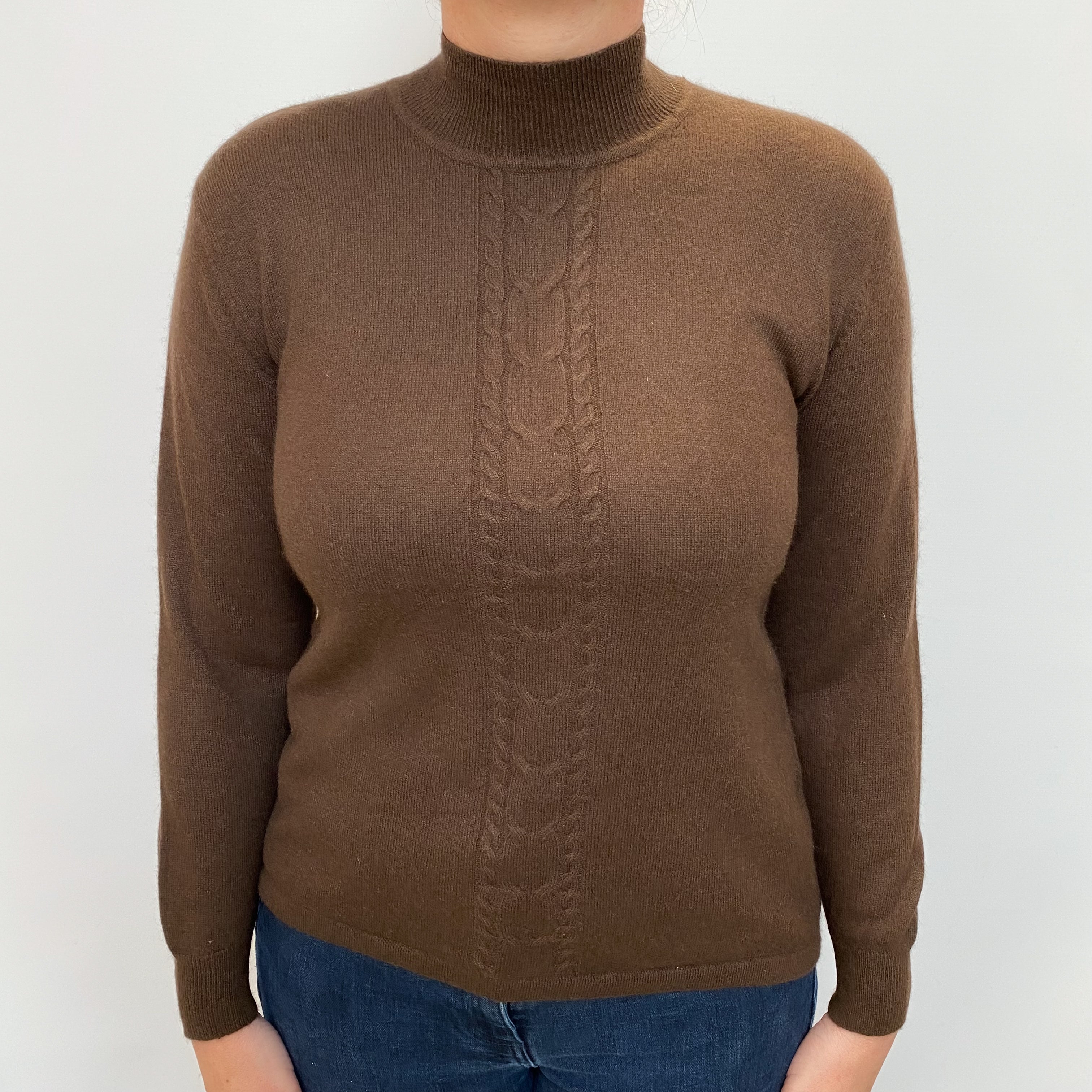 Chocolate Brown Cable Detail Cashmere Turtle Neck Jumper Large