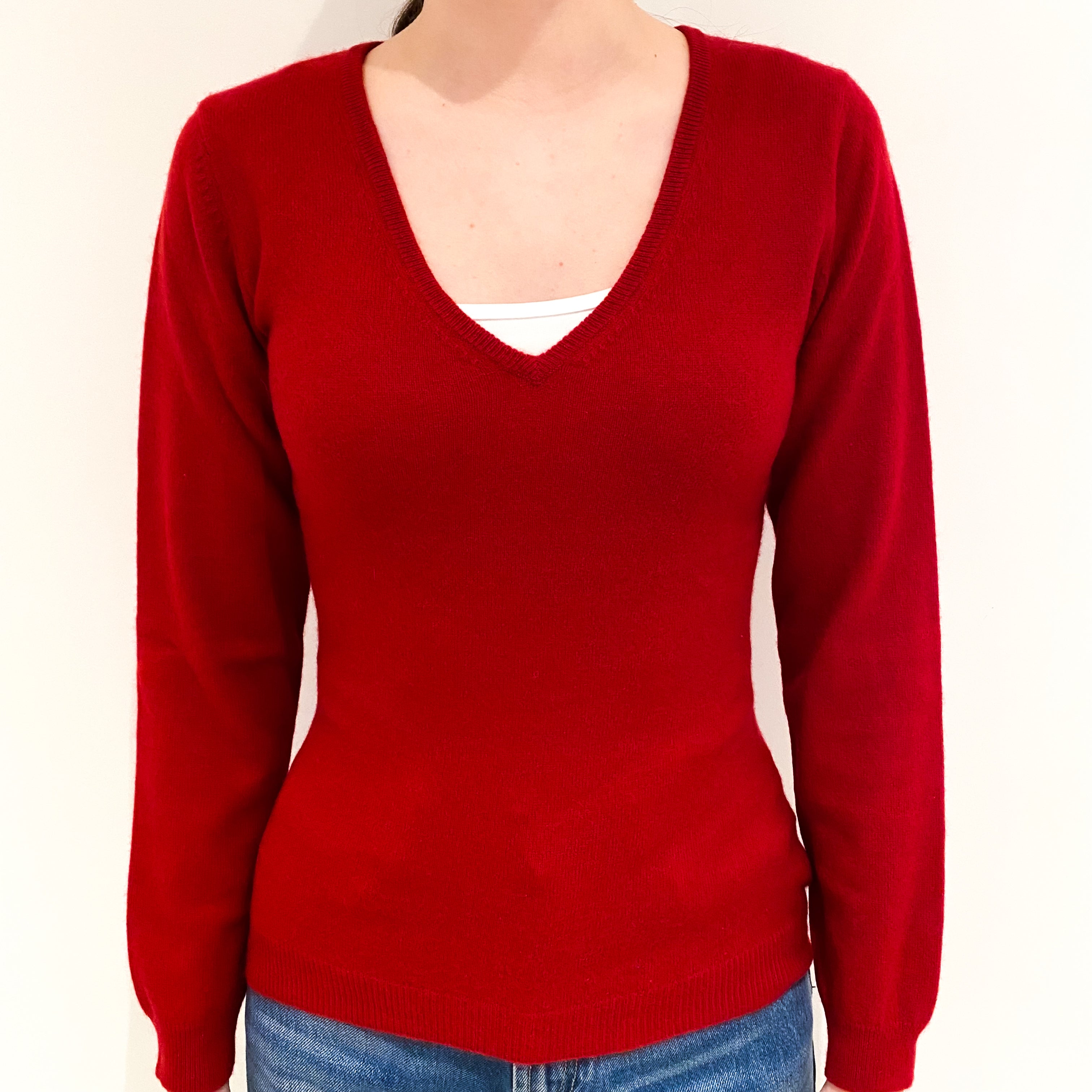 Crimson Red Cashmere V-Neck Jumper Extra Small