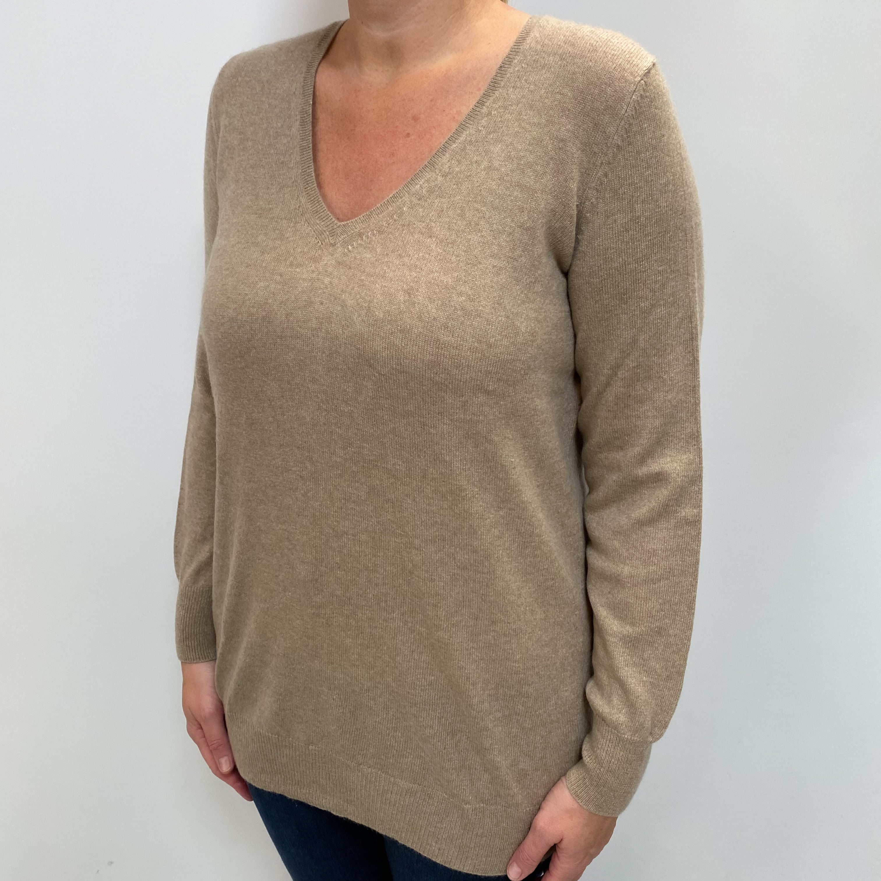 Mink Brown Cashmere V Neck Jumper Large