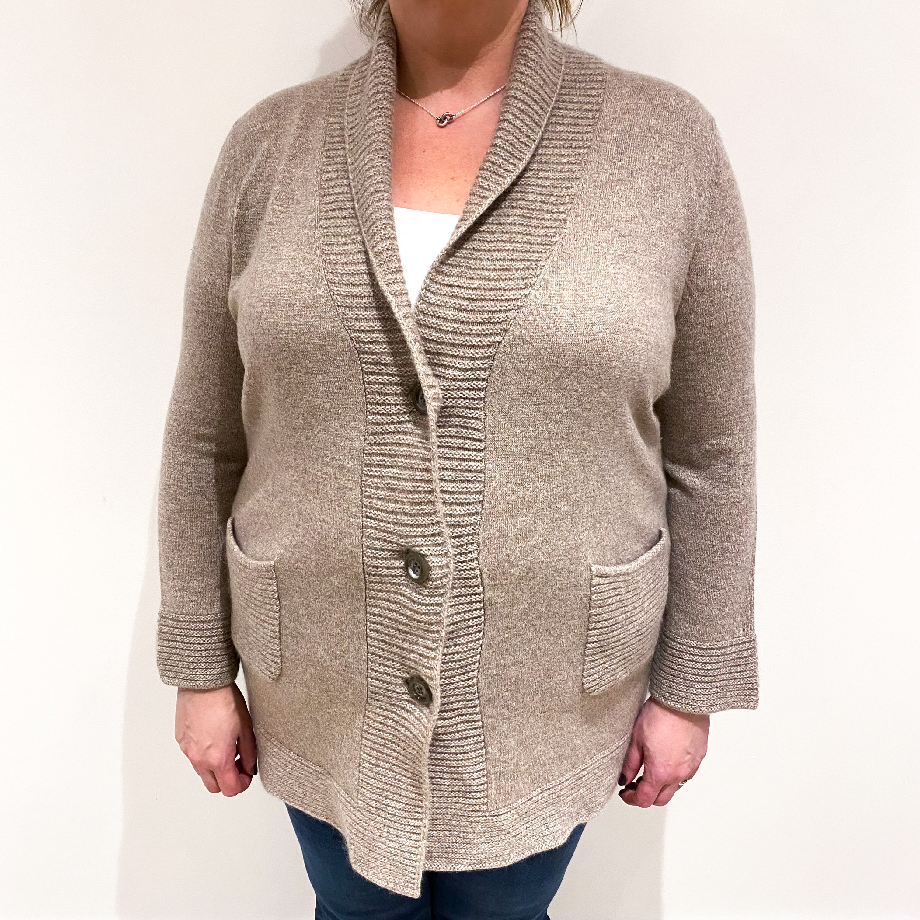 Taupe Brown Cashmere Shawl Collar Cardigan with Pockets Extra Large