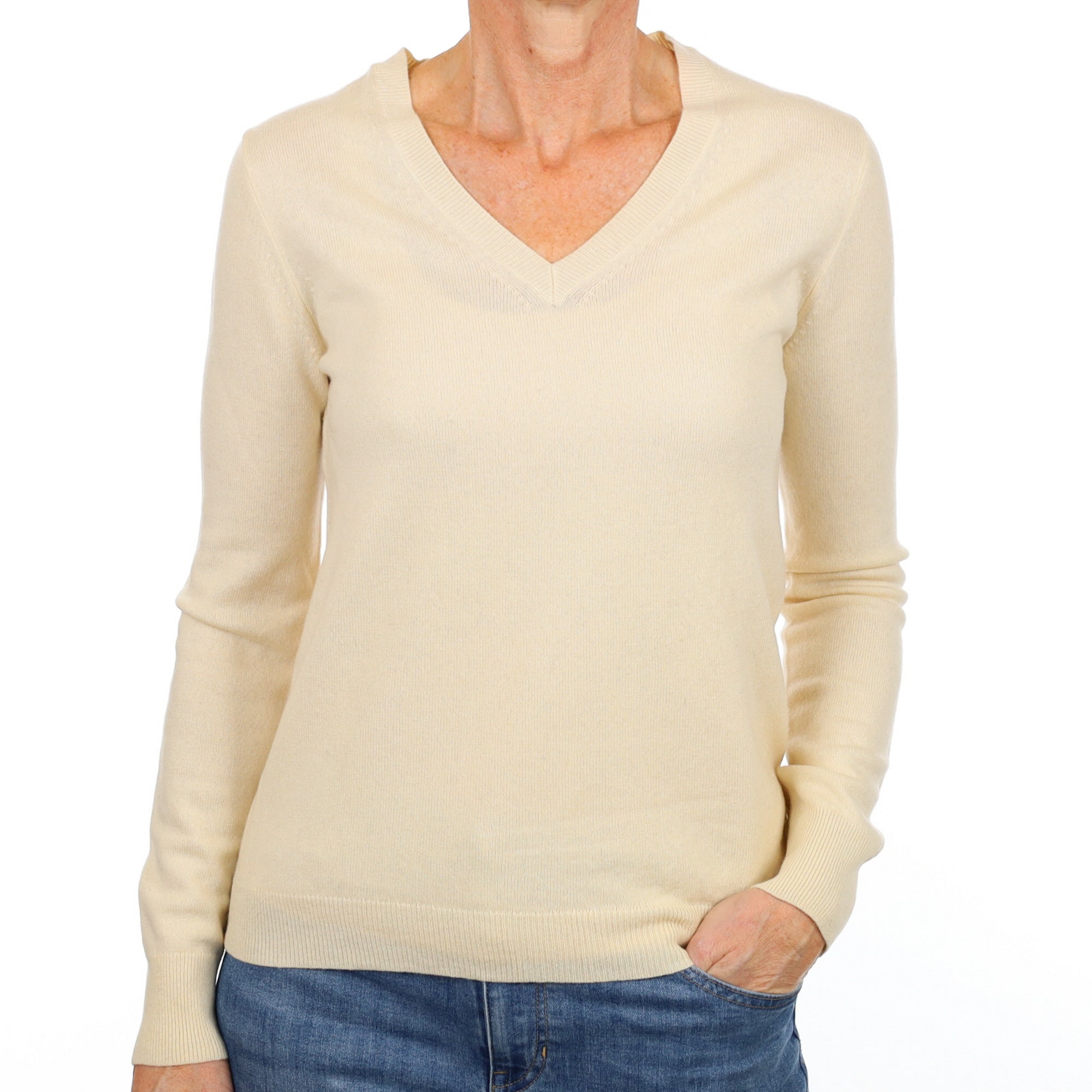Vanilla Cream Cashmere V Neck Jumper Small