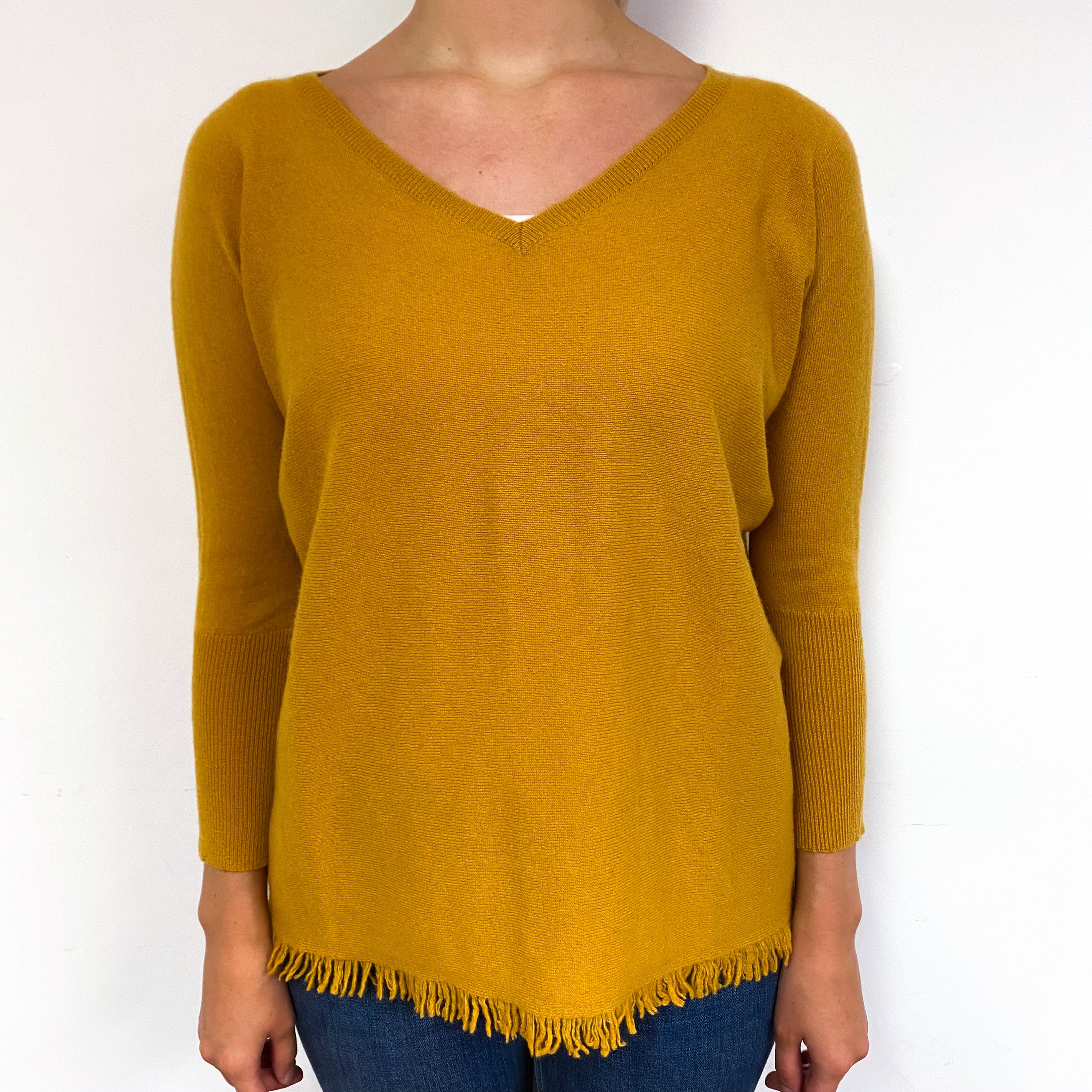 Ochre Orange Fringed Cashmere V-Neck Jumper Small