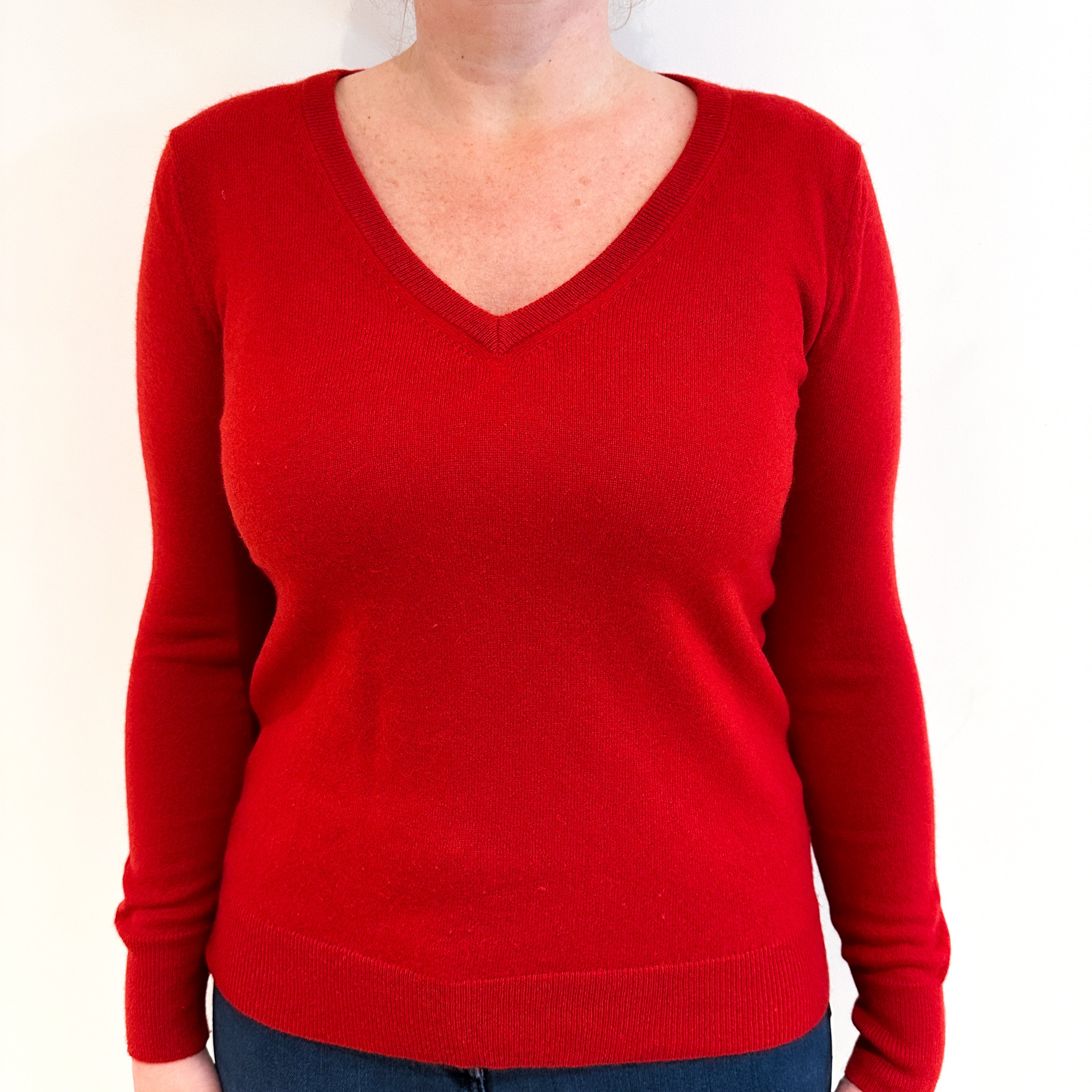 Scarlet Red Cashmere V Neck Jumper Large