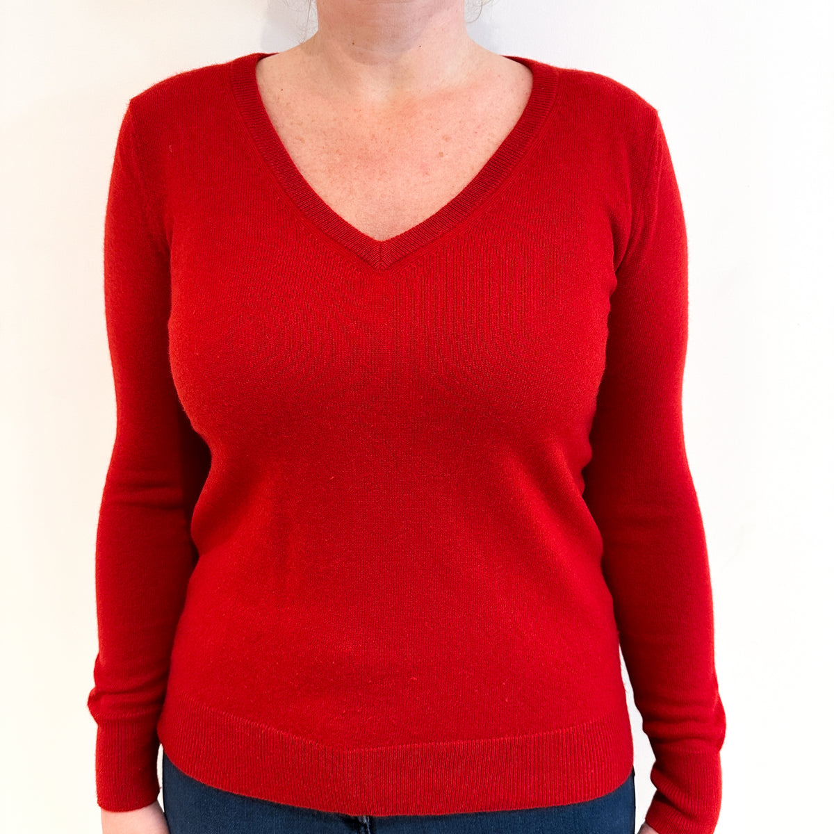 Scarlet Red Cashmere V Neck Jumper Large