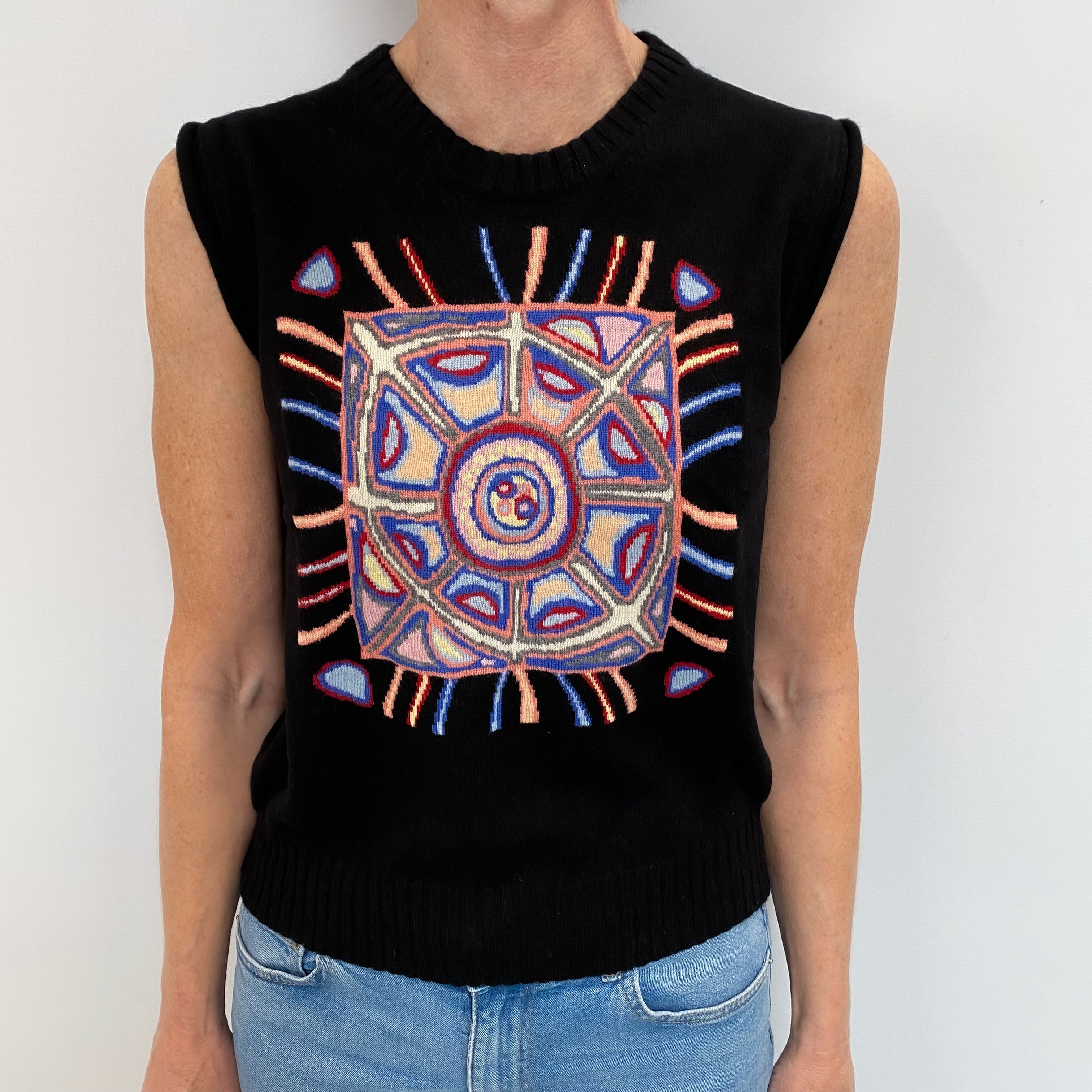 Black Patterned Cashmere Sleeveless Crew Neck Jumper Small