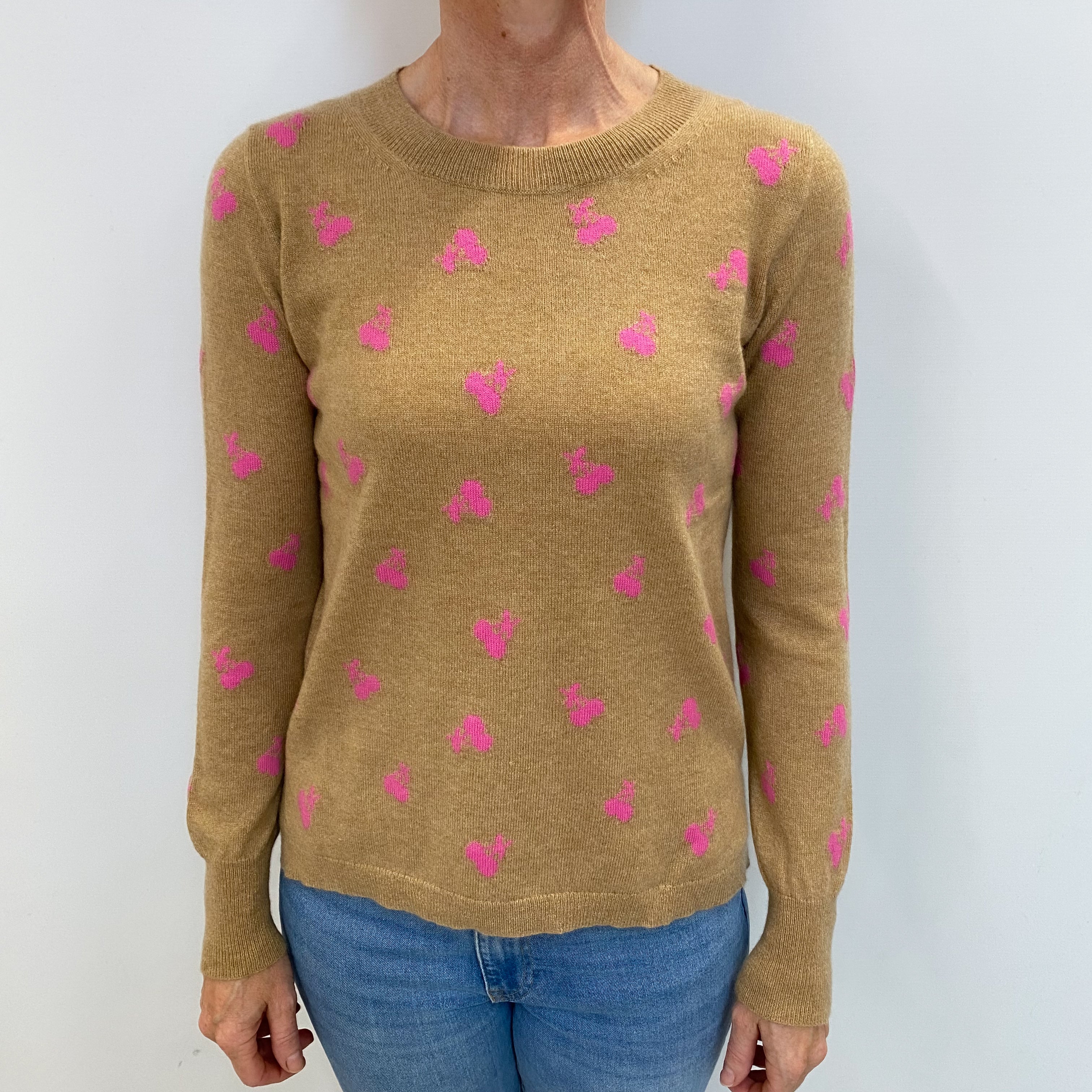 Caramel Brown Cherries Cashmere Crew Neck Jumper Small