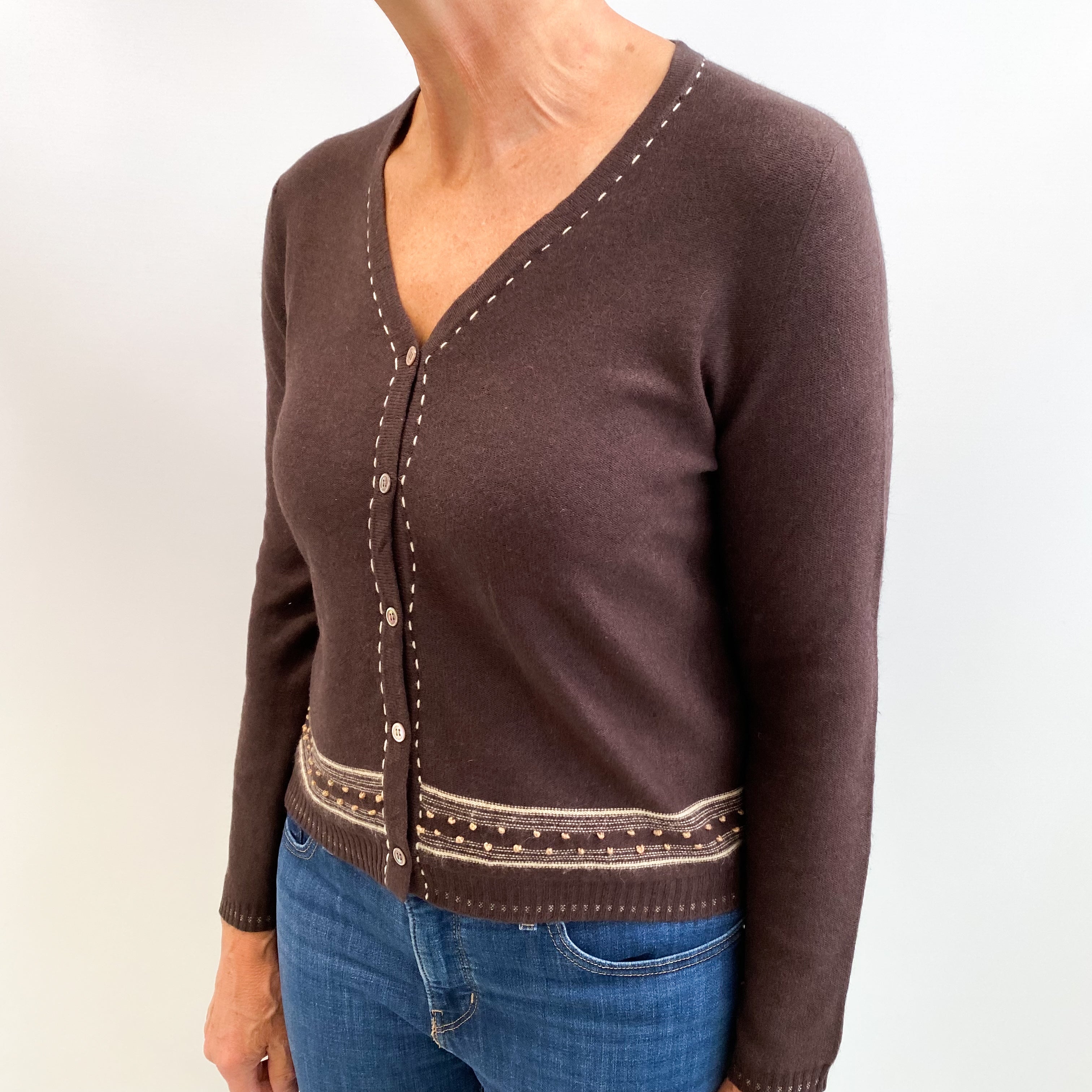 Dark Chocolate Brown Cashmere V Neck Cardigan Medium