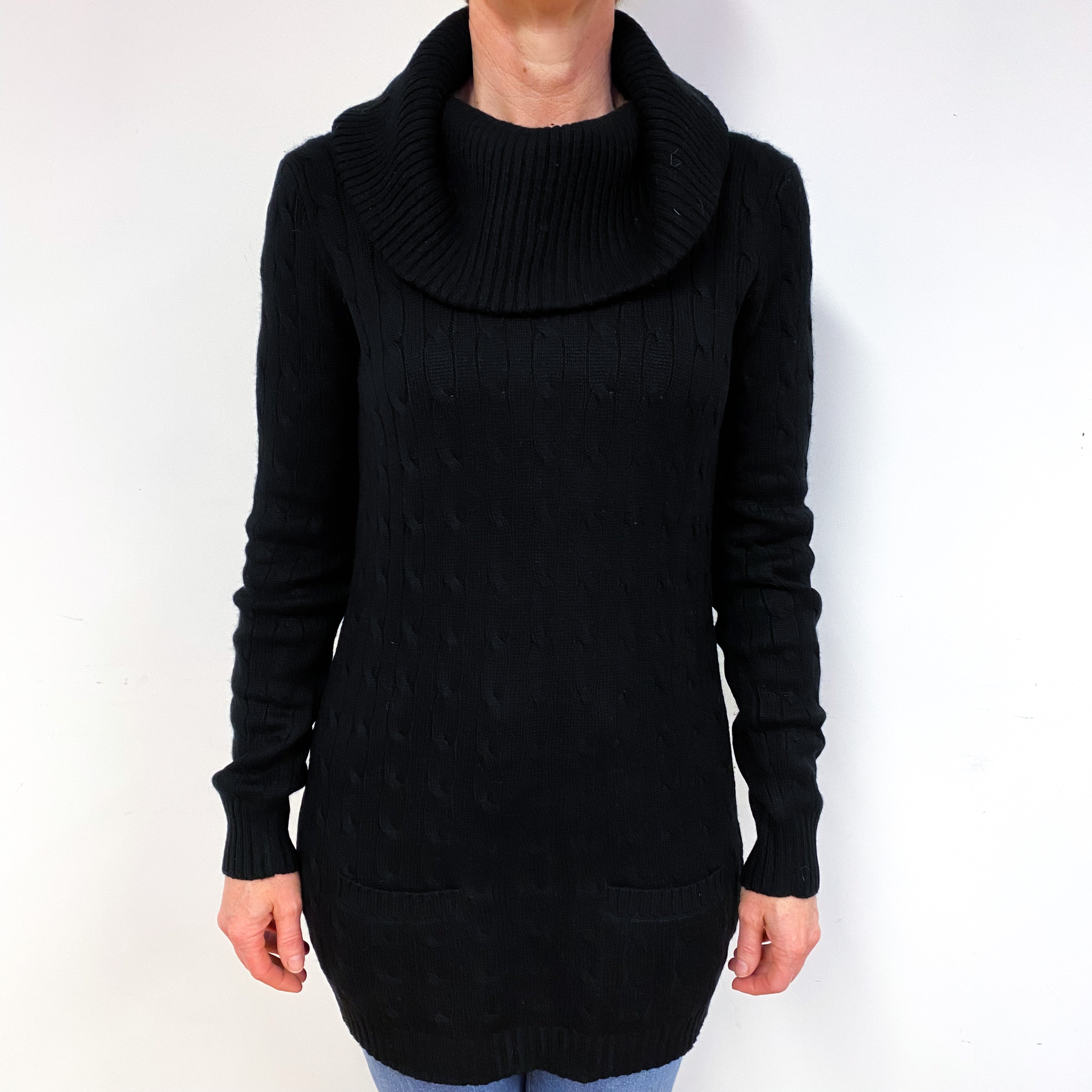 Ralph Lauren Black Cable Knit Cashmere Polo Neck Jumper Medium