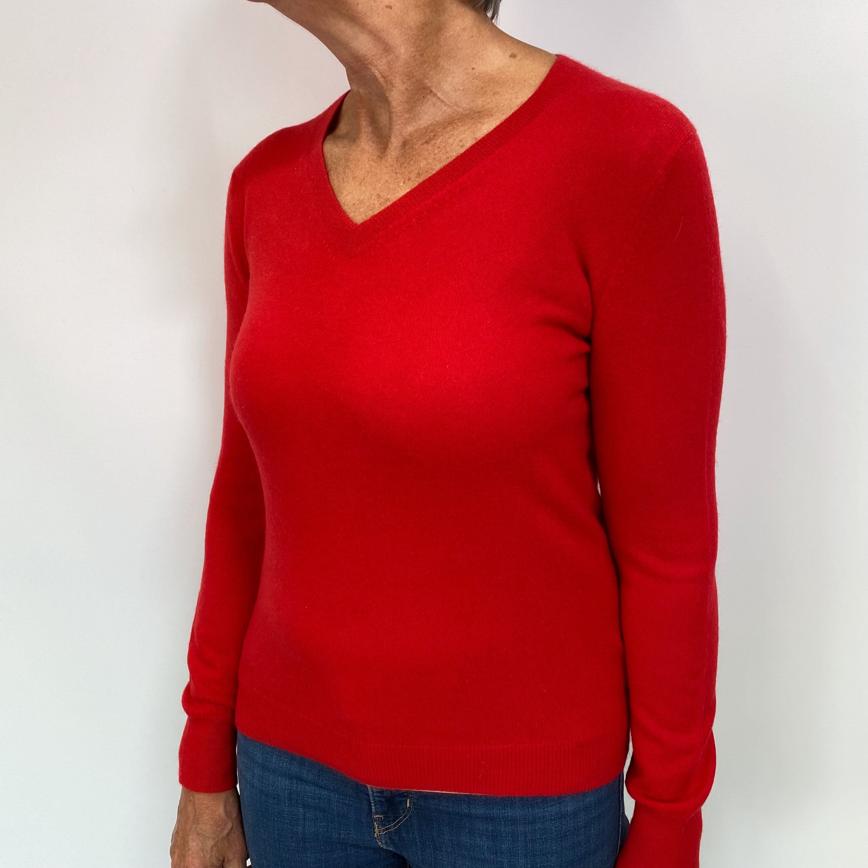 Tomato Red Cashmere V Neck Jumper Medium