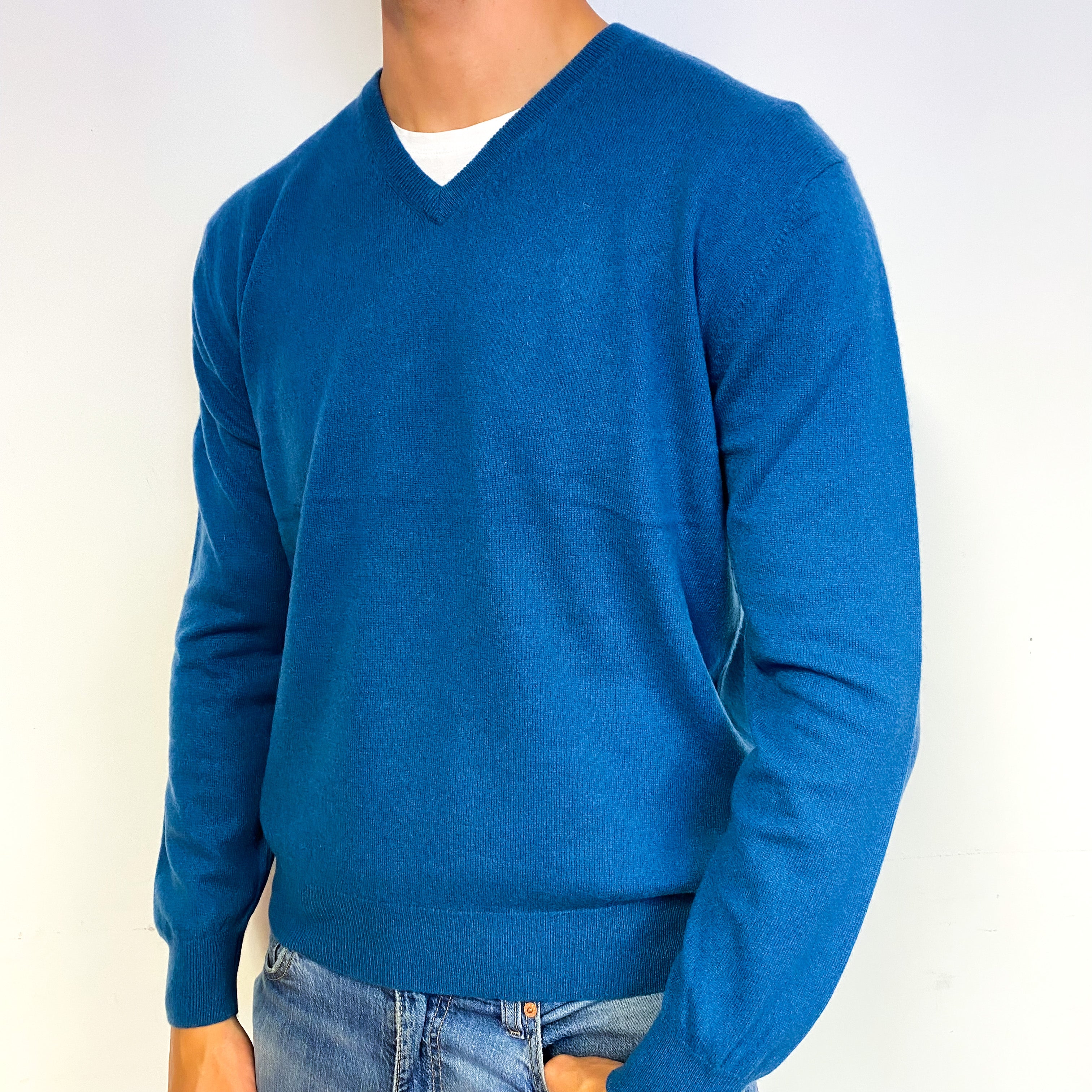 Men's Peacock Blue Cashmere V-Neck Jumper Extra Large