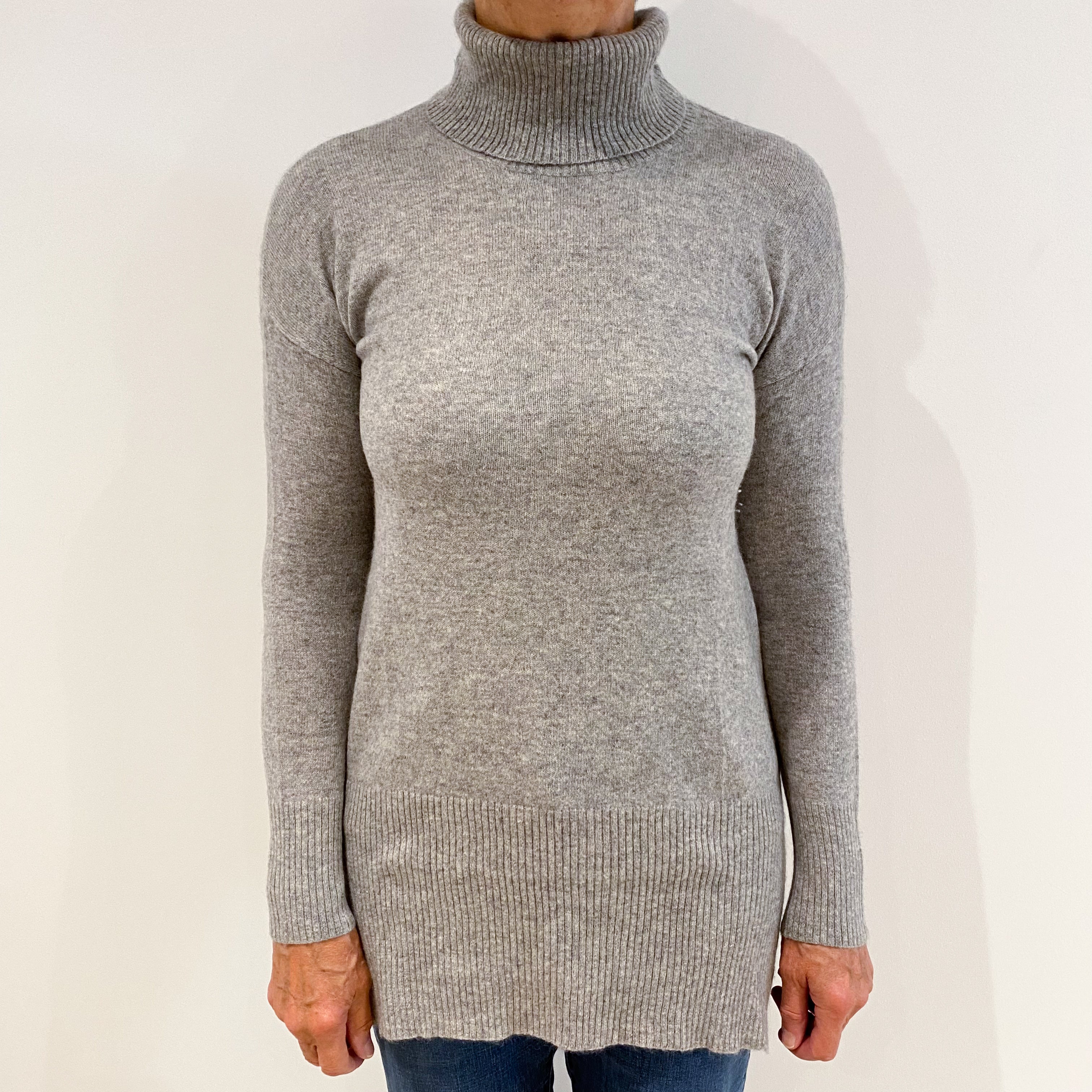 Smoke Grey Longline Cashmere Polo Neck Jumper Medium