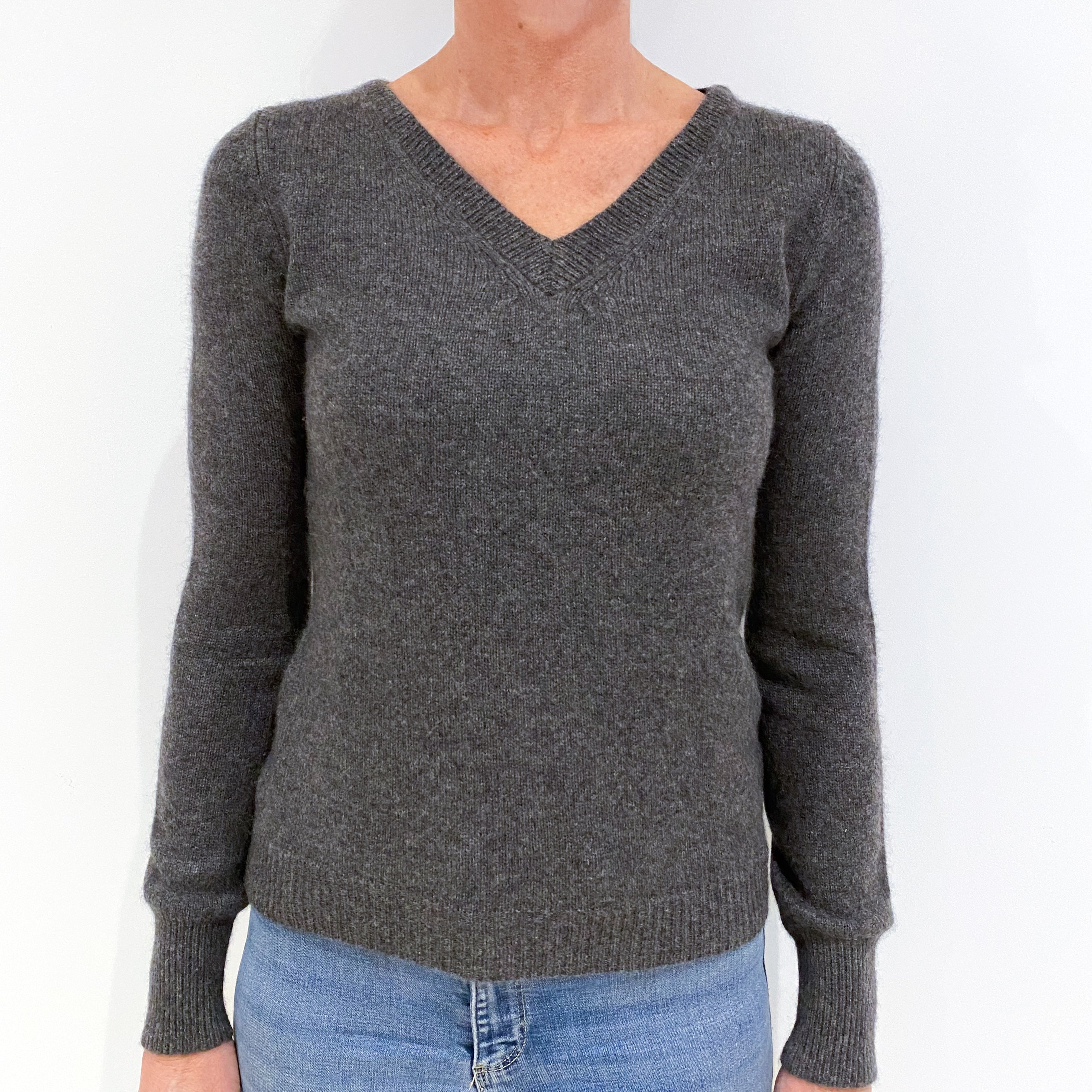 Slate Grey Cashmere V-Neck Jumper Small