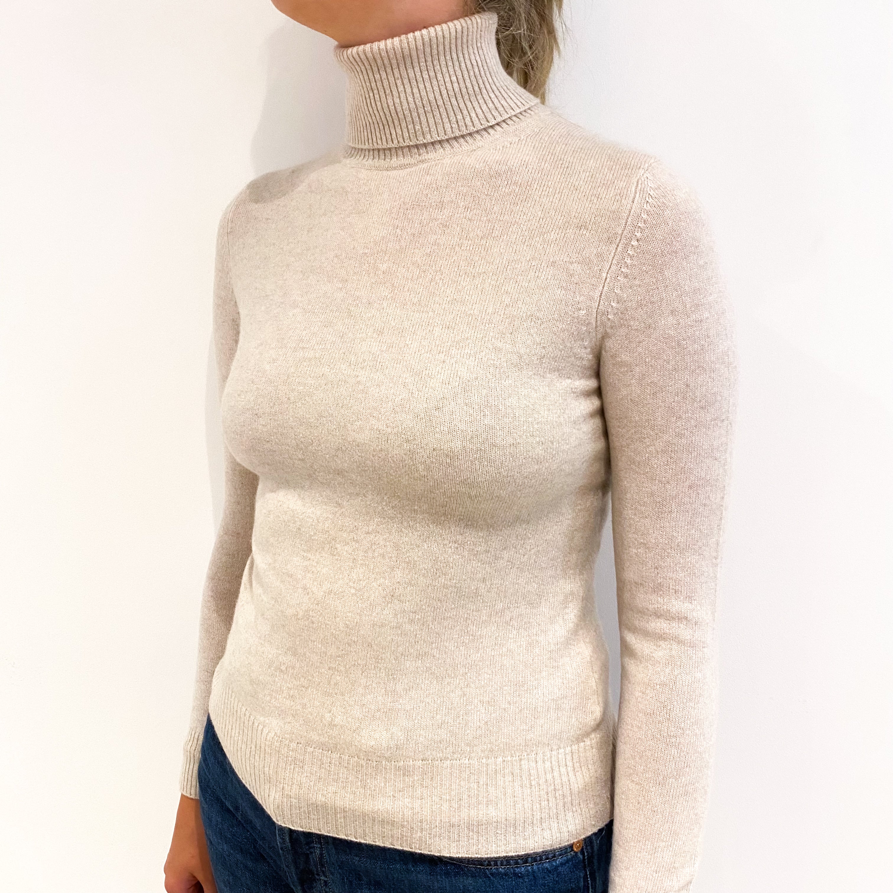 Oatmeal Beige Cashmere Polo Neck Jumper Small