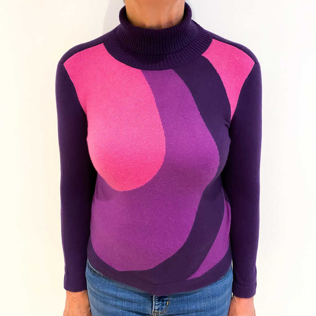 Iris Purple Abstract Colour Block Cashmere Polo Neck Jumper Medium