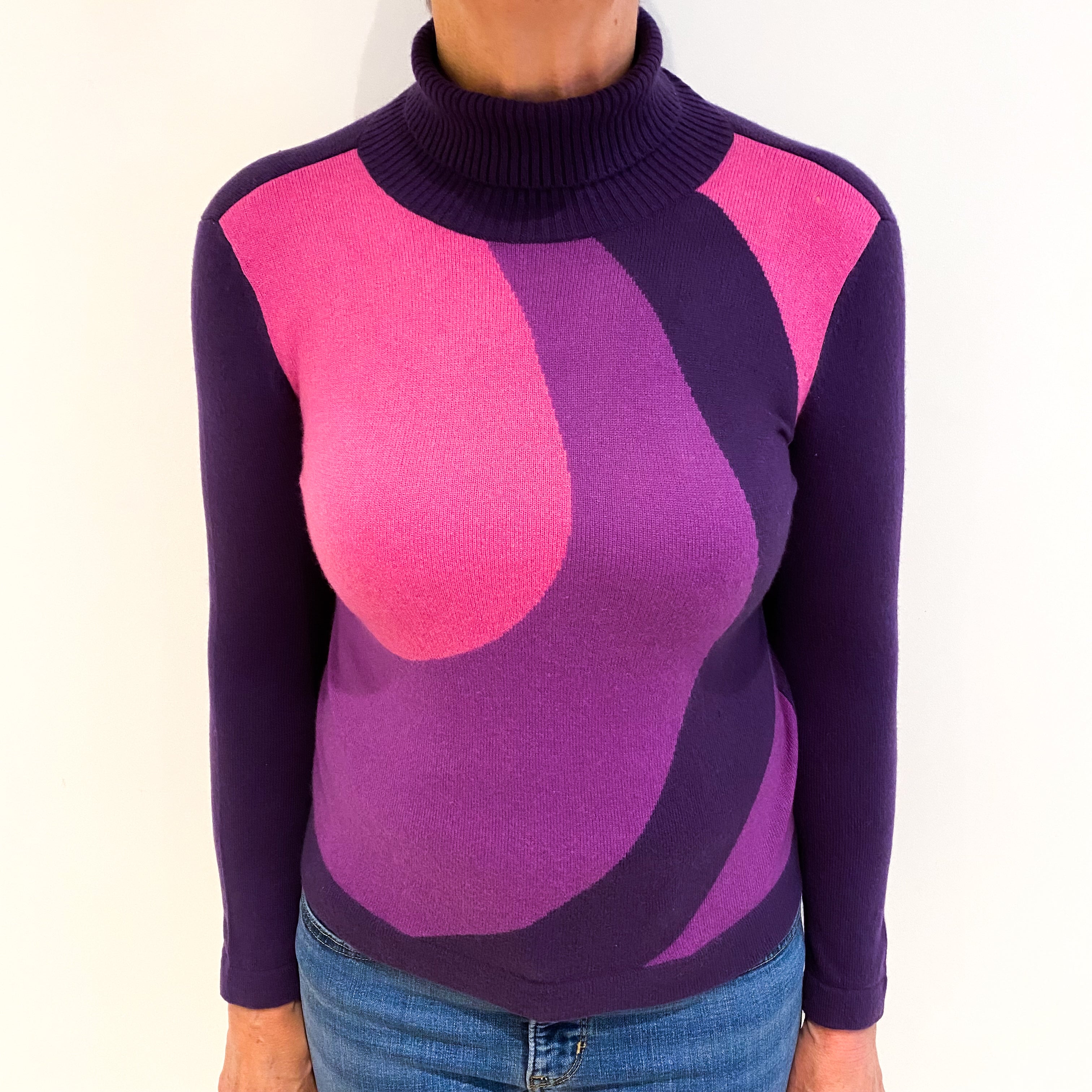 Iris Purple Abstract Colour Block Cashmere Polo Neck Jumper Medium