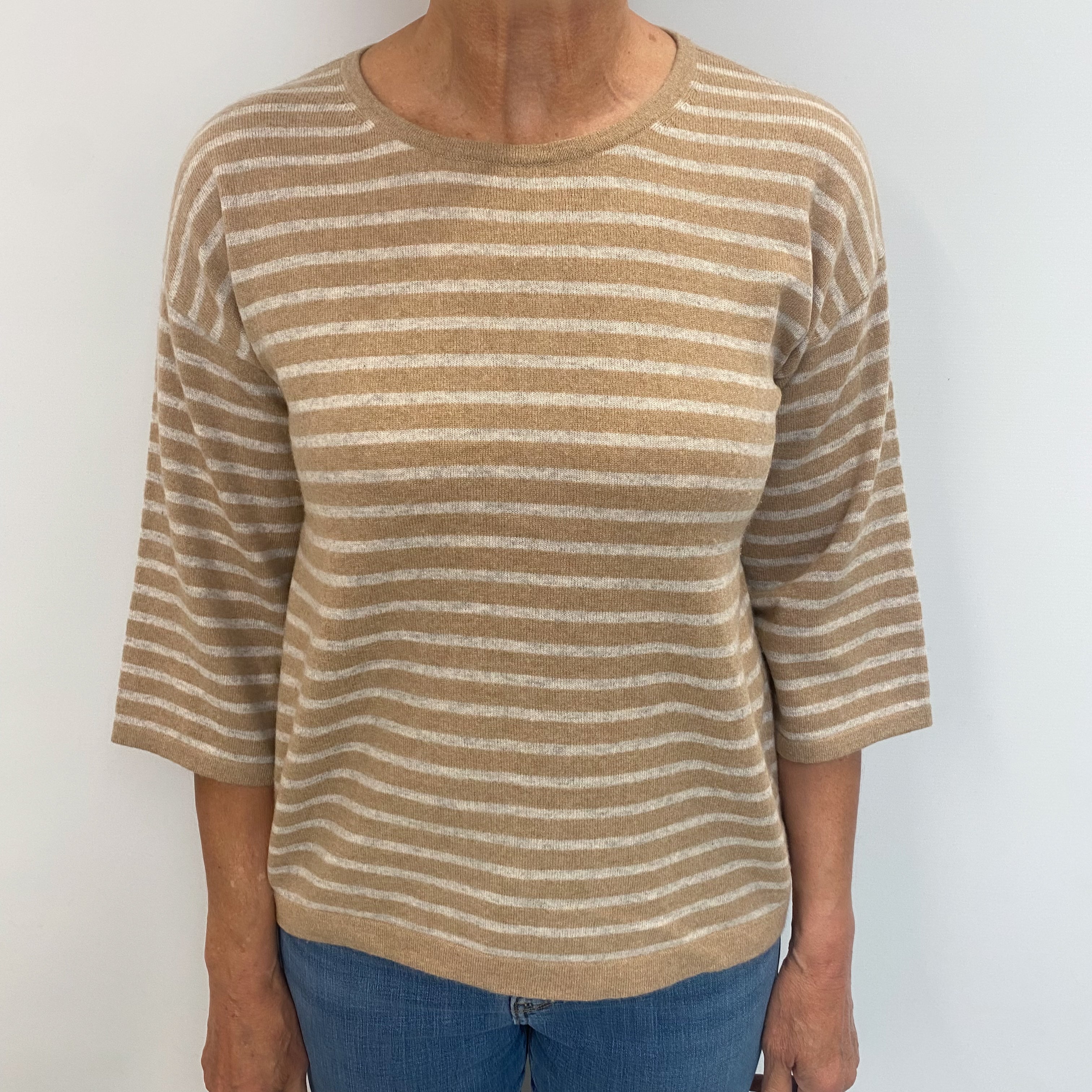 Camel And Oatmeal Striped Cashmere Crew Neck Jumper Medium