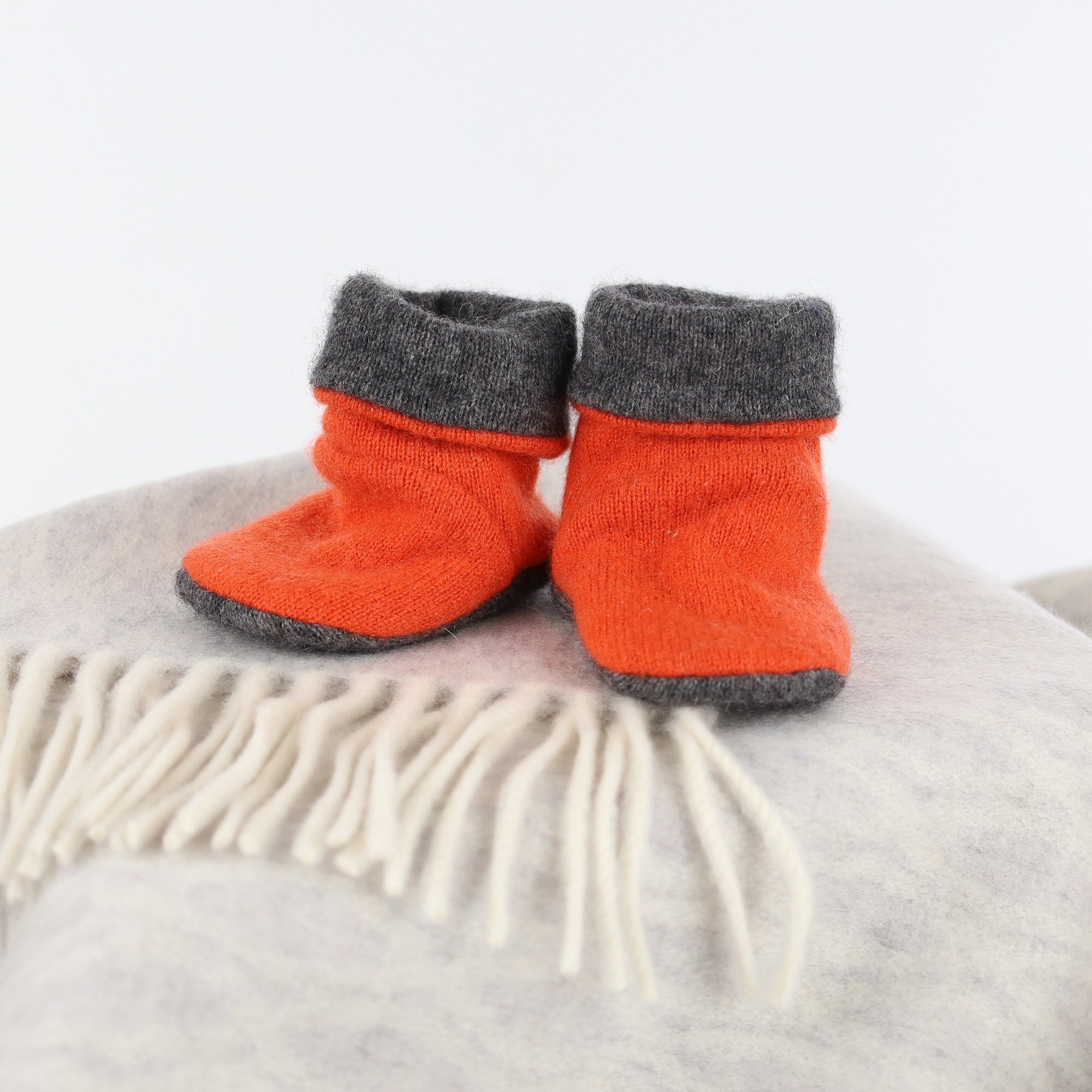 Charcoal Grey and Orange Cashmere Baby Boots