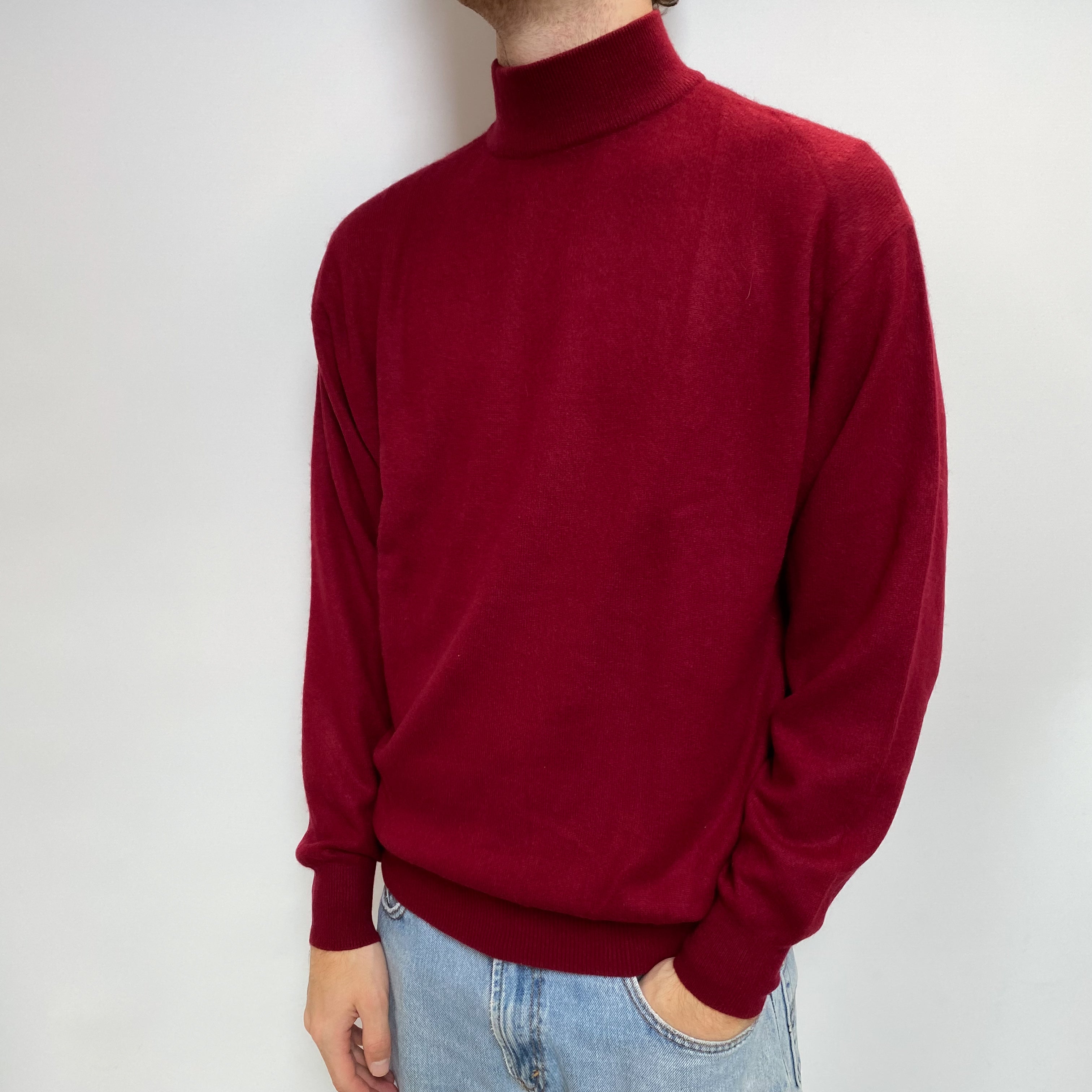 Men's Burgundy Red Cashmere Turtle Neck Jumper Large