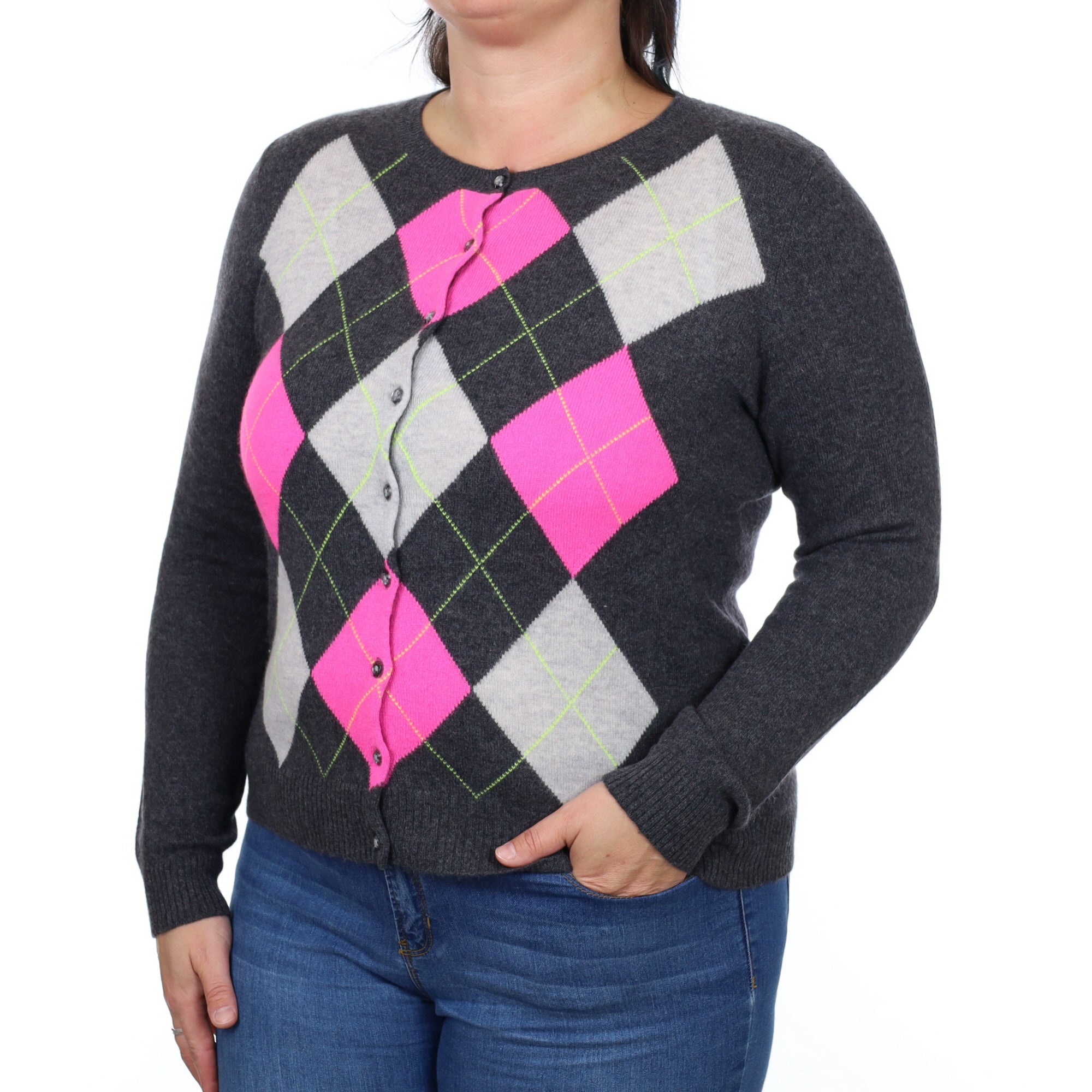 Slate Grey Argyle Cashmere Cardigan Large