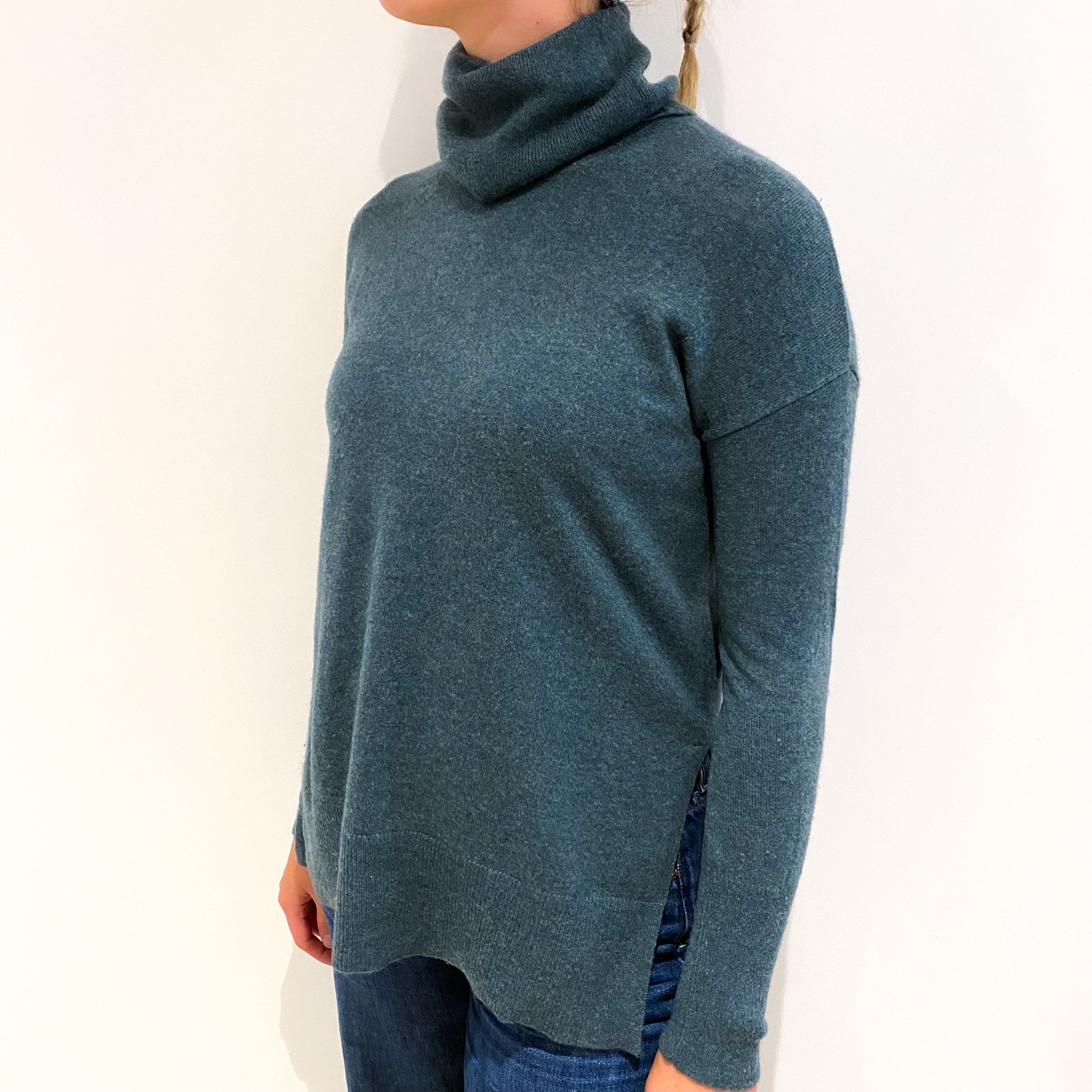 Spruce Green Cashmere Slouchy Cowl Neck Tunic Jumper Small