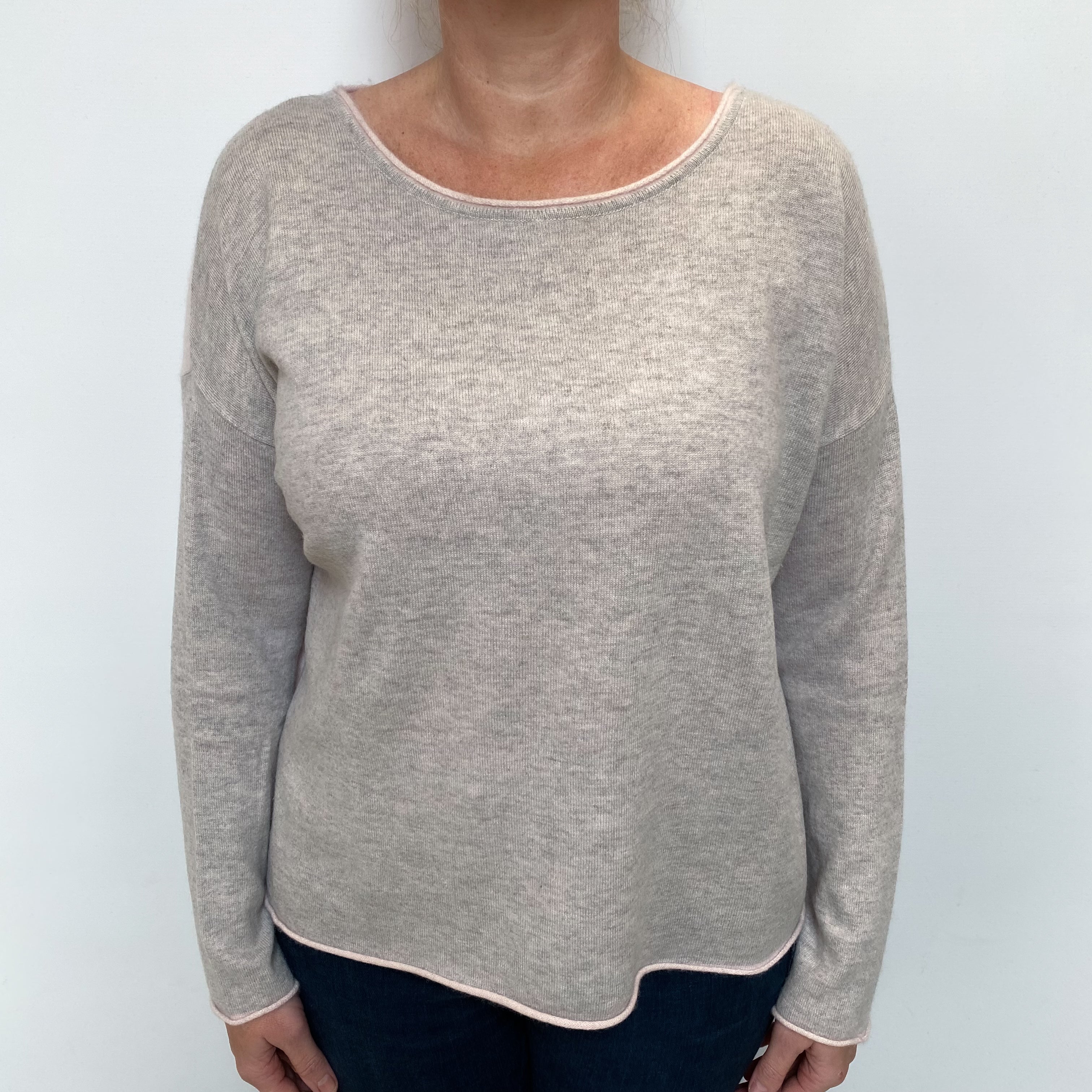 Pale Grey and Pink Cashmere Button Back Crew Neck Jumper Large