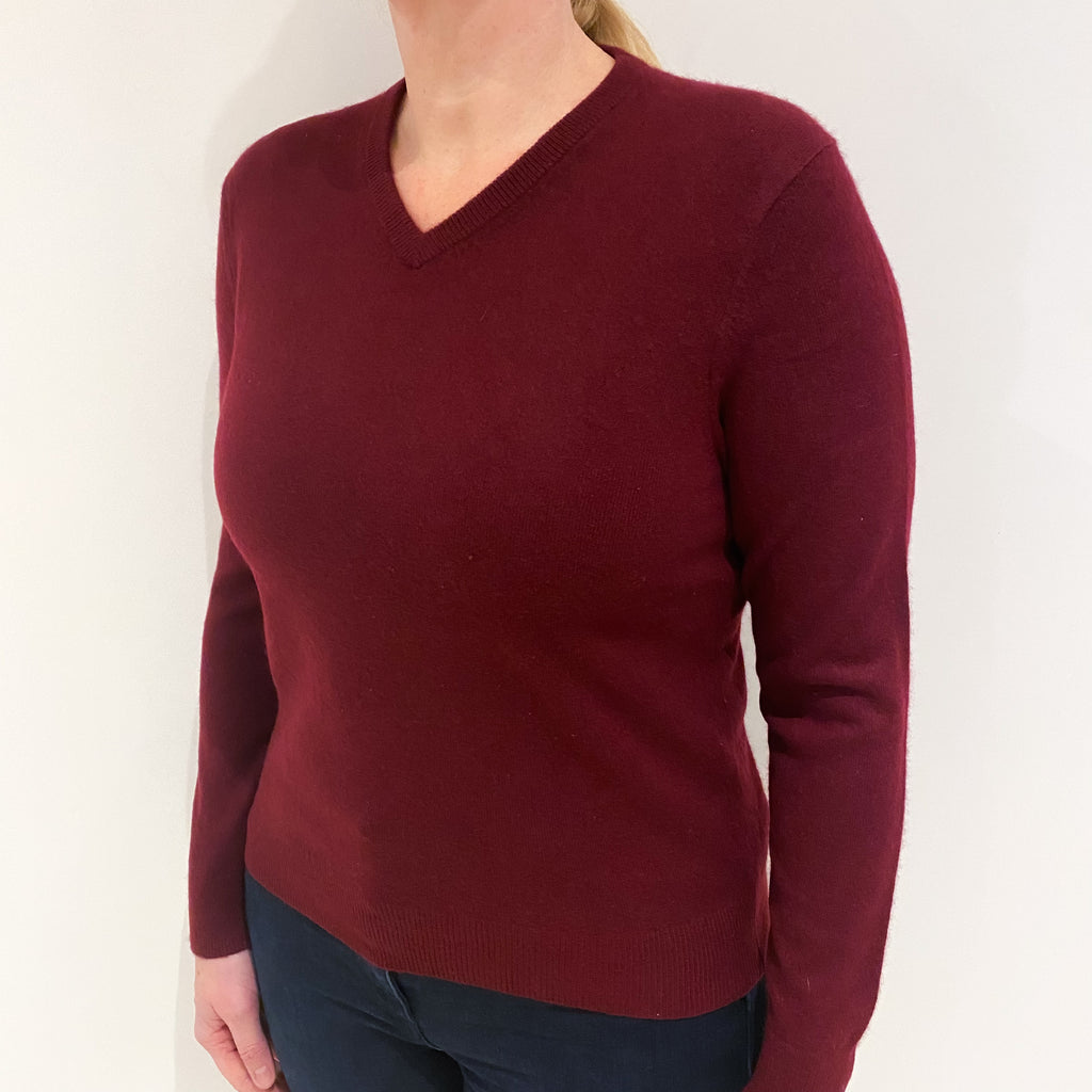 Burgundy Red Cashmere V Neck Jumper Large