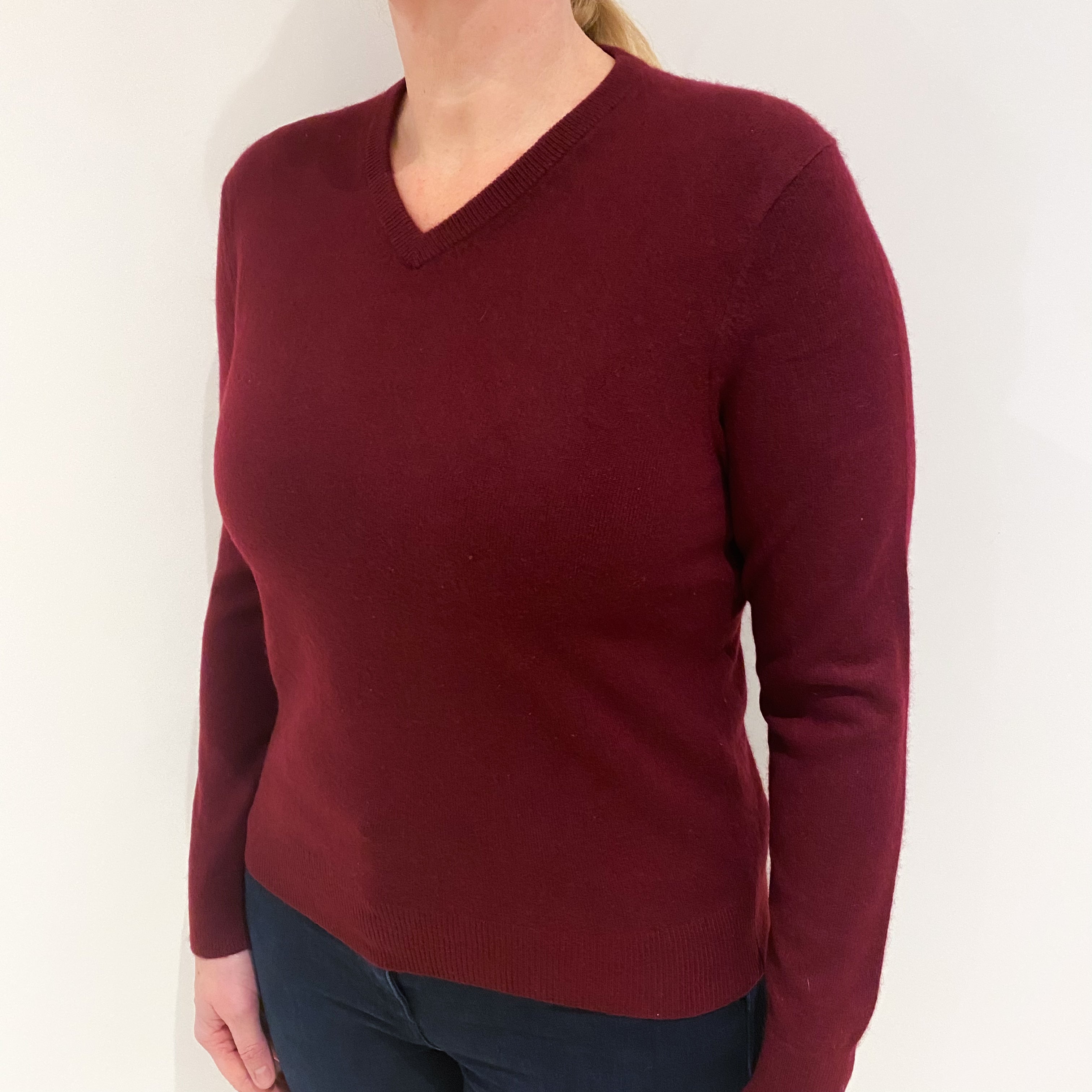 Burgundy Red Cashmere V Neck Jumper Large