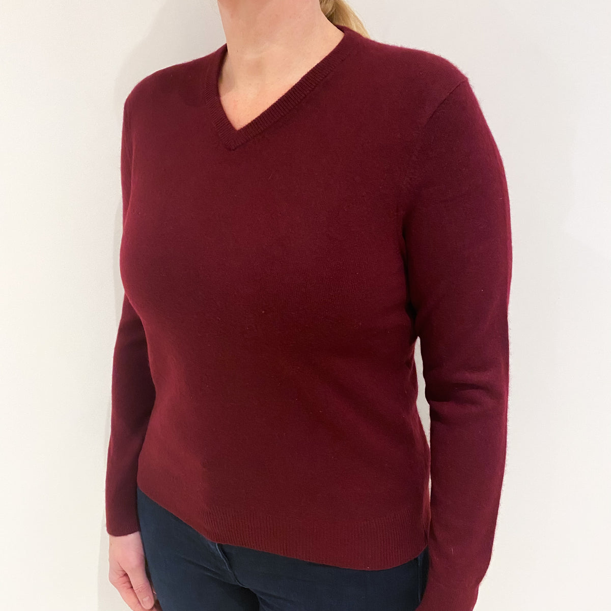 Burgundy Red Cashmere V Neck Jumper Large