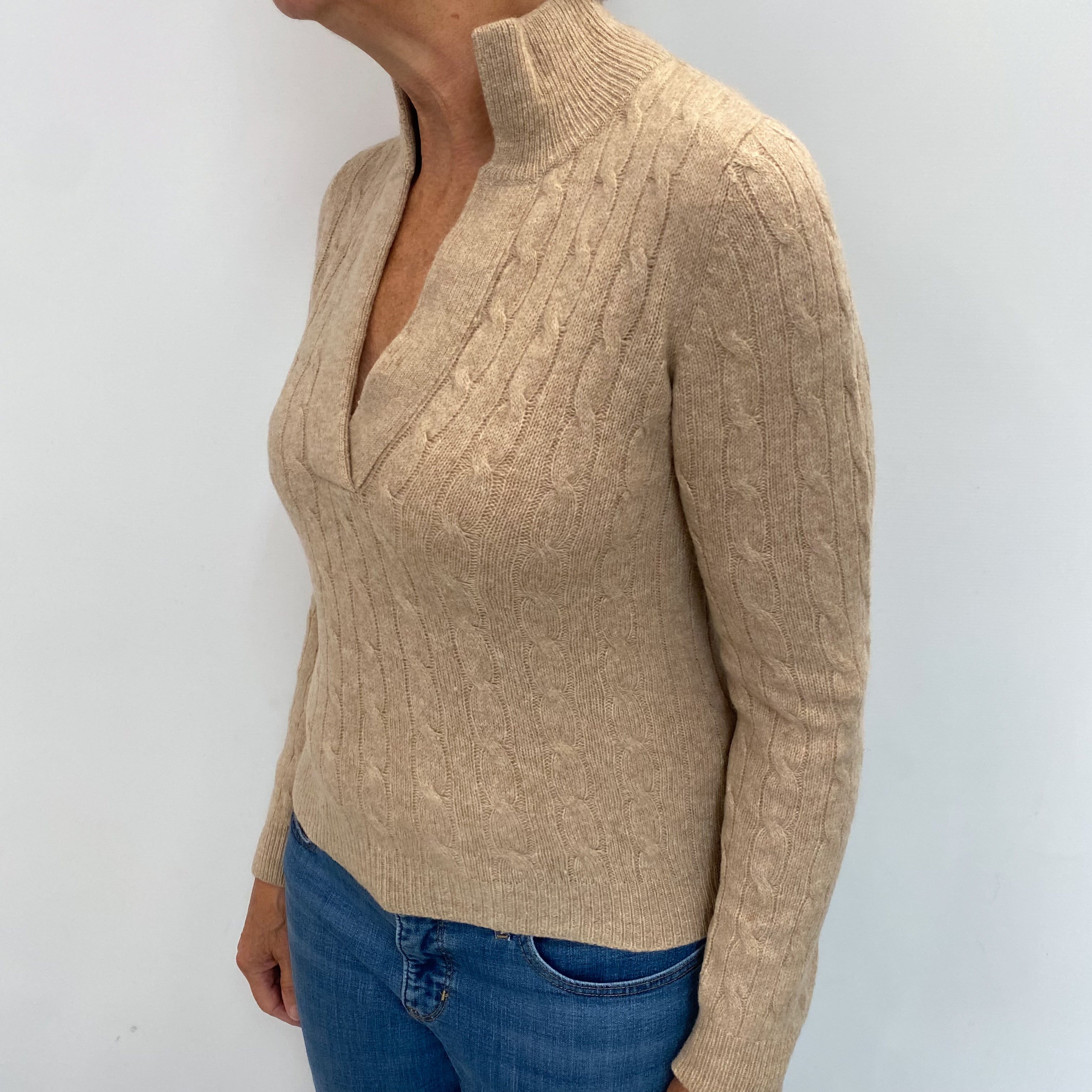 Biscuit Beige Cashmere Collared V Neck Jumper Medium